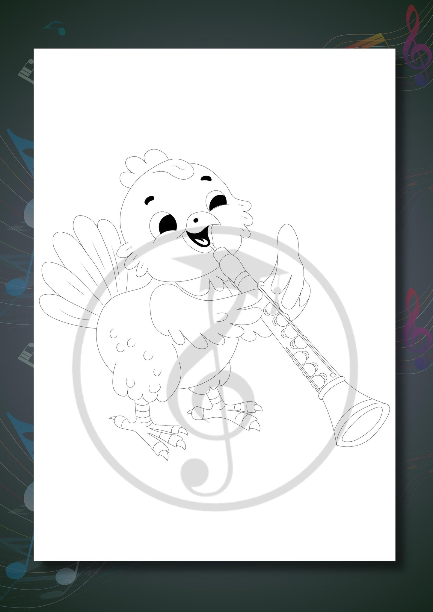Animals Playing Instruments Coloring Book coloring page displaying an animal playing the clarinet, created to support instrument recognition in music classrooms and homeschool environments.