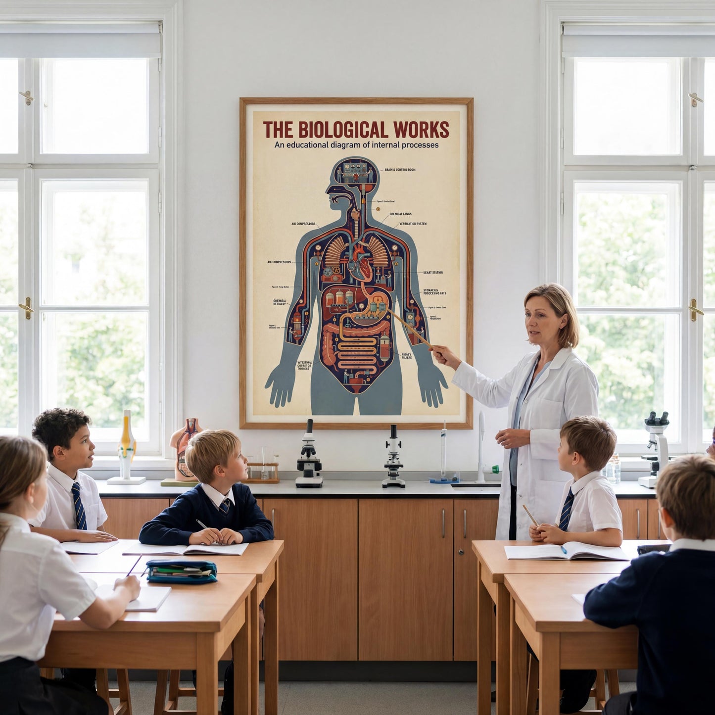 Vintage educational anatomy poster PDF depicting internal organs as working mechanical components, designed to help students understand physiology through an engaging factory-style diagram for science and STEM environments.