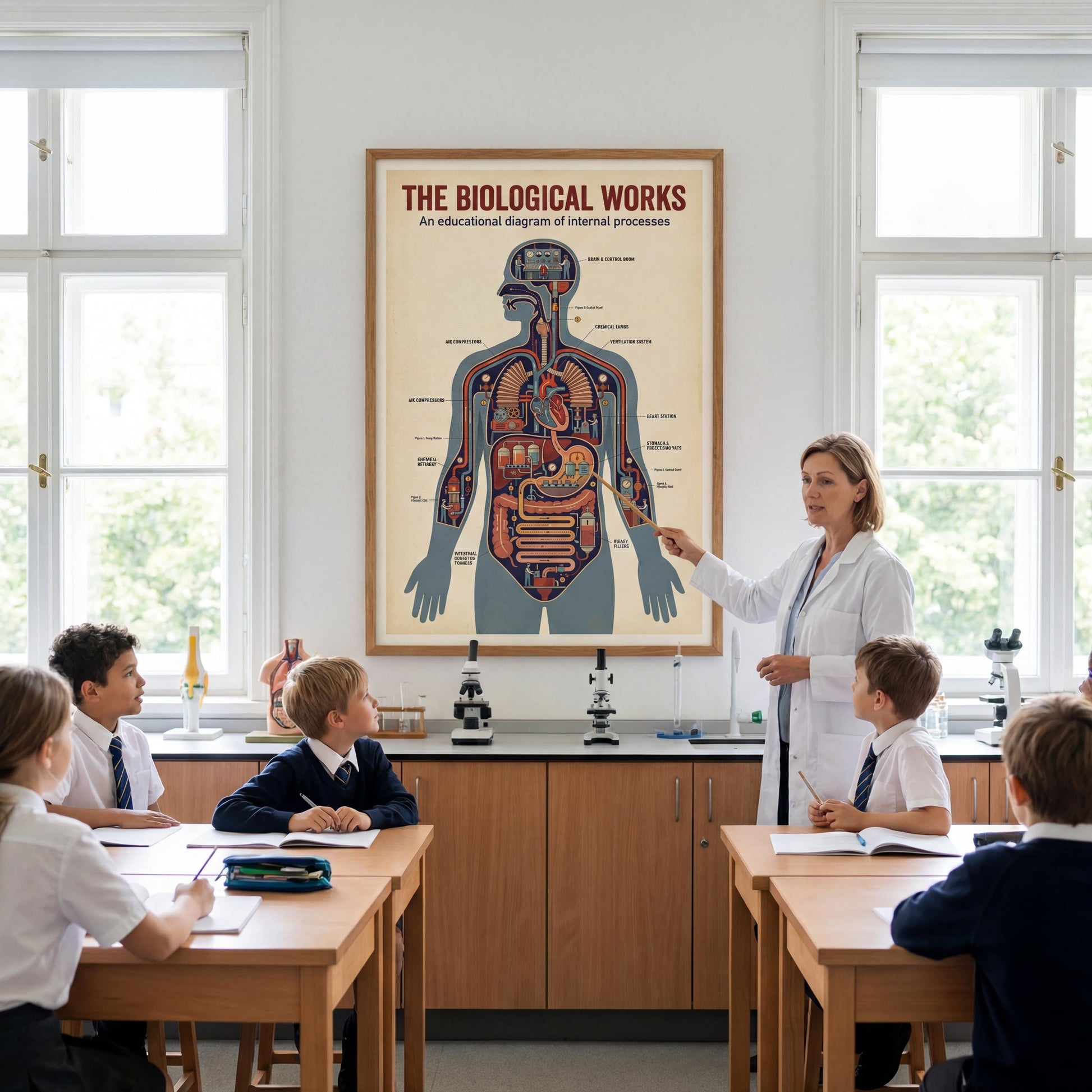Vintage educational anatomy poster PDF depicting internal organs as working mechanical components, designed to help students understand physiology through an engaging factory-style diagram for science and STEM environments.