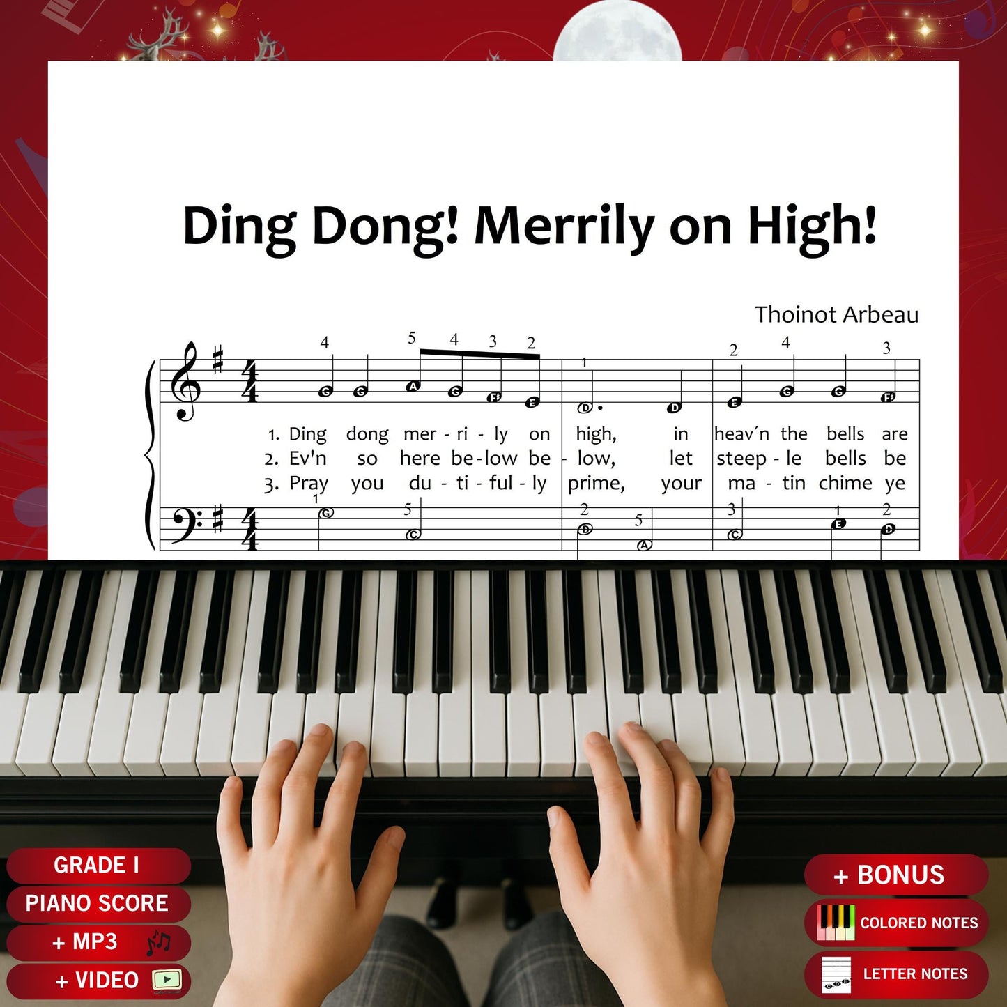 Ding Dong Merrily on High by Traditional downloadable and simplified piano sheet music PDF brings the spirit of Christmas gifts 2025 to life with personalised, eco-friendly and last-minute digital Christmas printables, offering lyrics, finger numbers, color notes and note names for joyful holiday learning and festive performances.