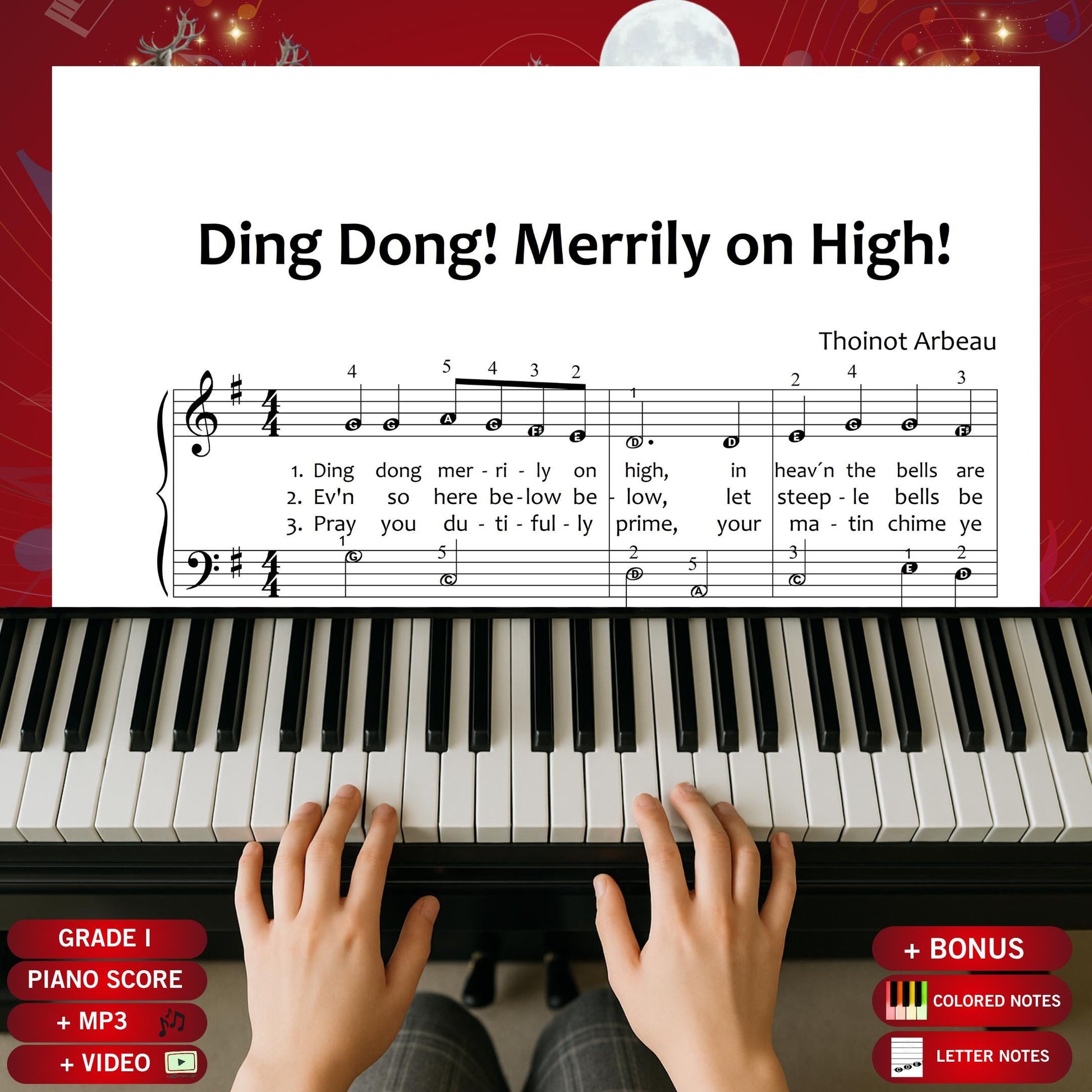 Ding Dong Merrily on High by Traditional downloadable and simplified piano sheet music PDF brings the spirit of Christmas gifts 2025 to life with personalised, eco-friendly and last-minute digital Christmas printables, offering lyrics, finger numbers, color notes and note names for joyful holiday learning and festive performances.