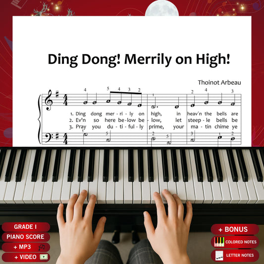 Ding Dong Merrily on High by Traditional downloadable and simplified piano sheet music PDF brings the spirit of Christmas gifts 2025 to life with personalised, eco-friendly and last-minute digital Christmas printables, offering lyrics, finger numbers, color notes and note names for joyful holiday learning and festive performances.