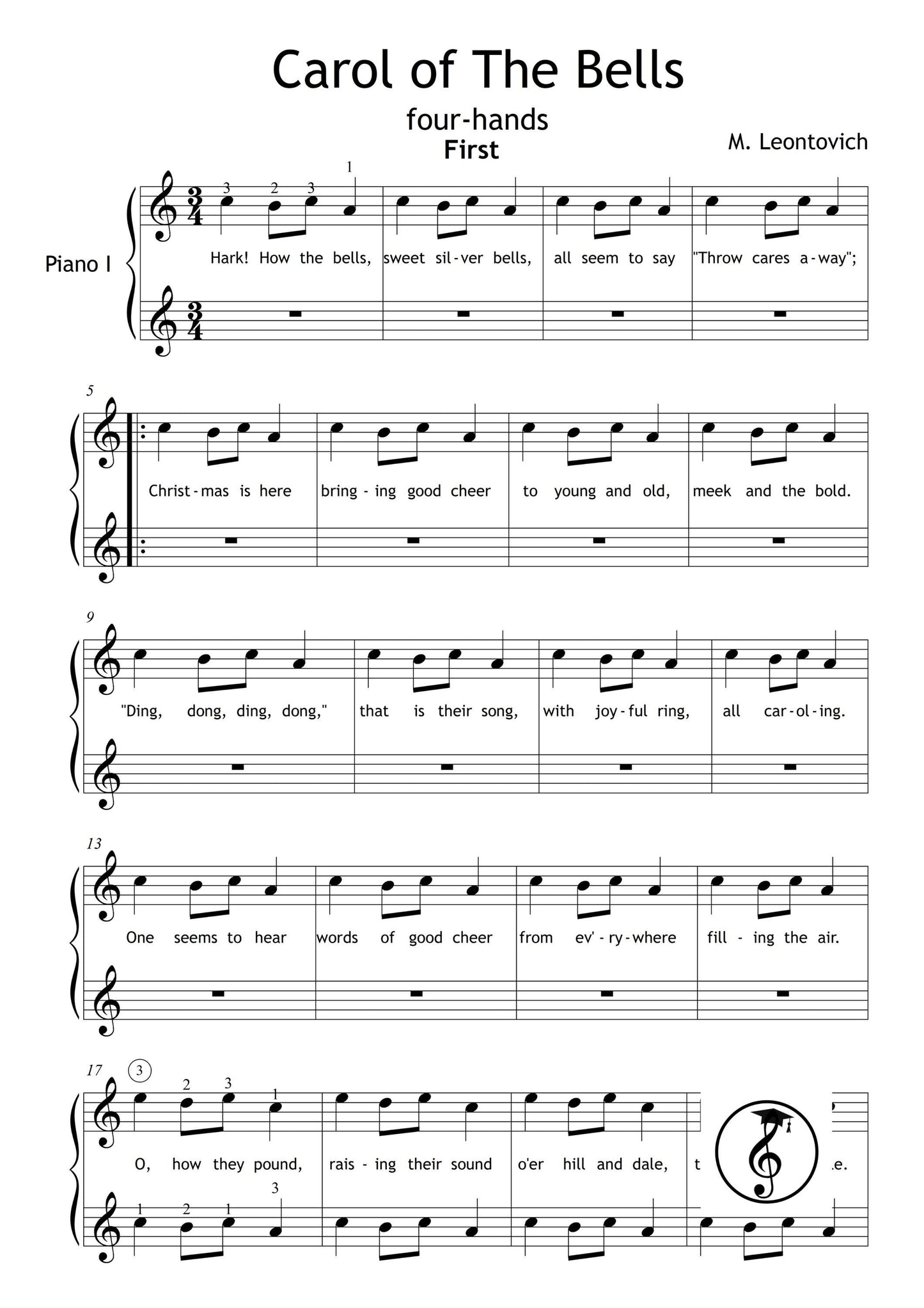 Carol of the Bells by Mykola Leontovych downloadable and simplified piano sheet music PDF ideal for young holiday learners, arranged as a four-hand duet with color coding, beginner note names, MP3 audio, and AI-assisted visual learning features.