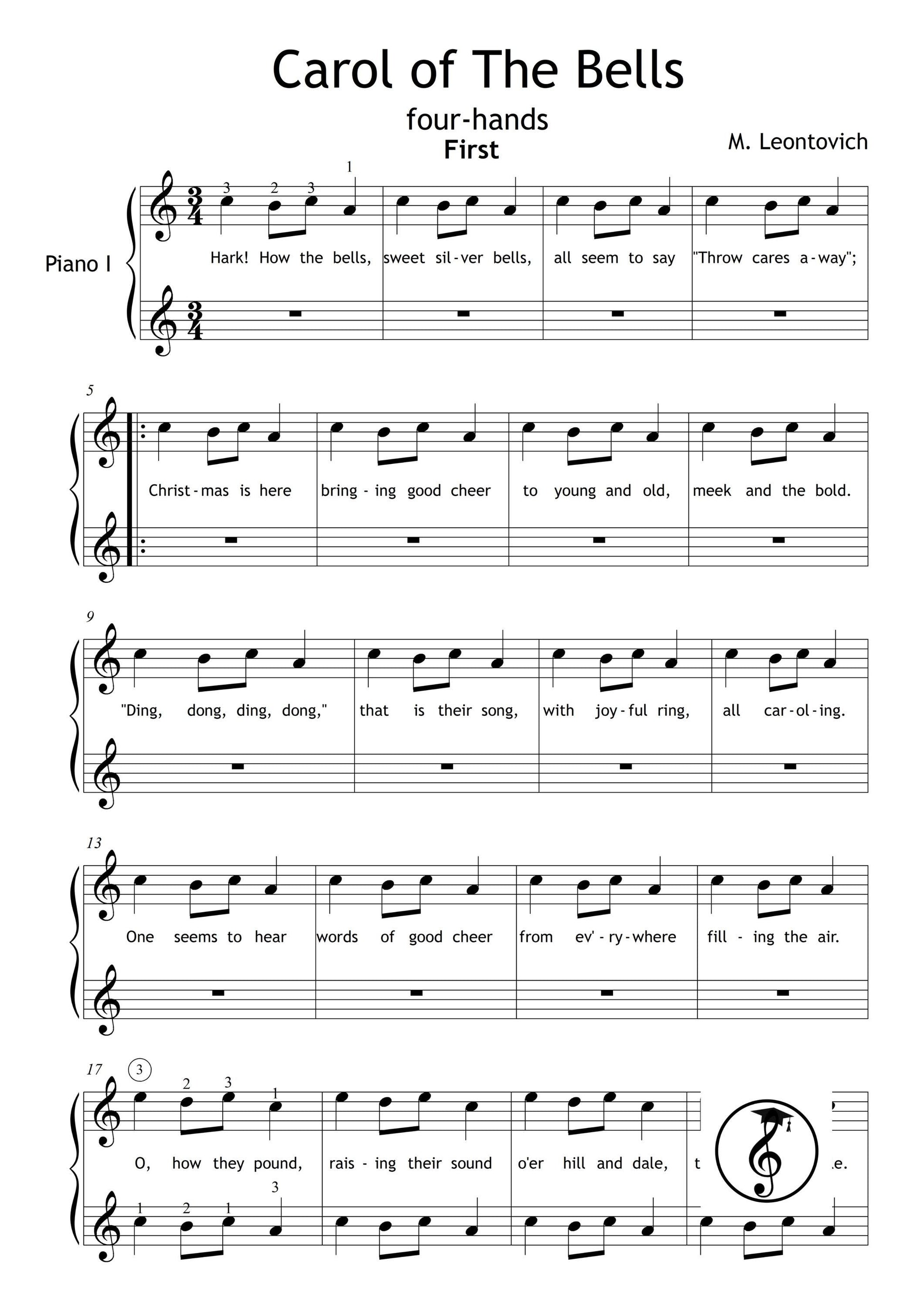 Carol of the Bells by Mykola Leontovych downloadable and simplified piano sheet music PDF ideal for young holiday learners, arranged as a four-hand duet with color coding, beginner note names, MP3 audio, and AI-assisted visual learning features.