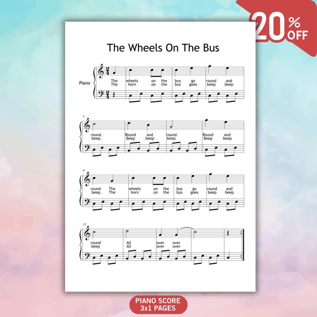 The Wheels On The Bus simplified piano sheet music PDF download, Grade 1 beginner arrangement with letter names on every note, finger-friendly notation, and color-coded bonus version, printable in A4 or digital use on tablets, includes MP3 reference track and simple tutorial video to guide practice for students and teachers.