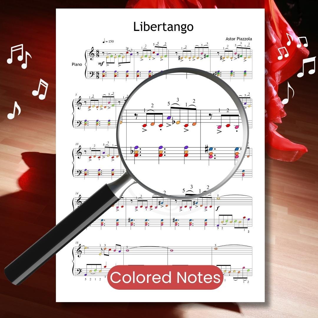 Libertango by Astor Piazzolla downloadable and simplified piano sheet music PDF in a color-coded Grade 5 edition highlighting visual note cues, finger-number placement, and note-name labels, engraved from the manuscript to help players internalize the driving tango groove.