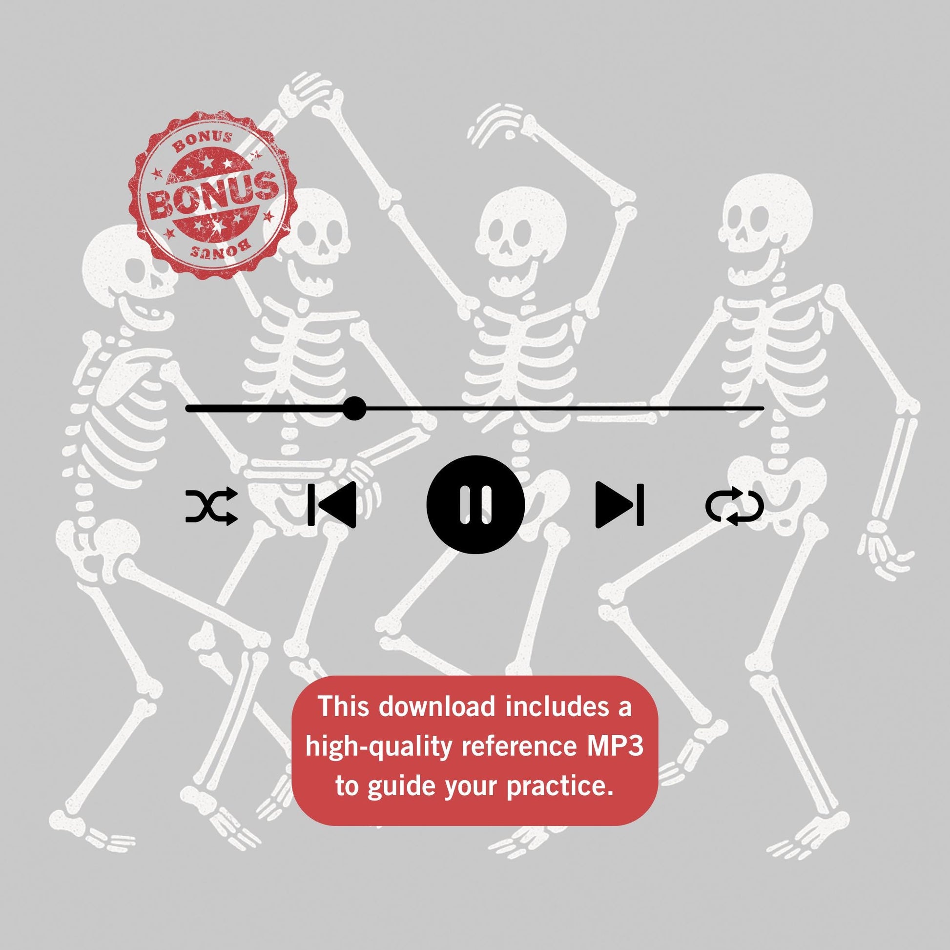Danse Macabre by Saint-Saëns arranged for Grade 1–2 piano, beginner Halloween sheet music in PDF format, note names and color-coded notes included, MP3 audio and MP4 tutorial video for students.