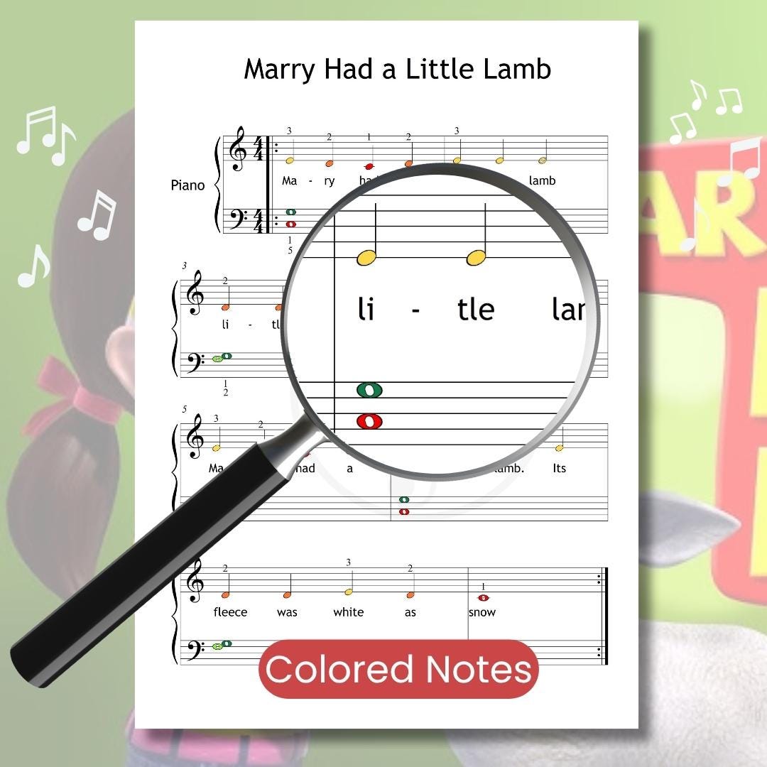 Mary Had a Little Lamb | Beginner Piano Sheet Music PDF & Color Note