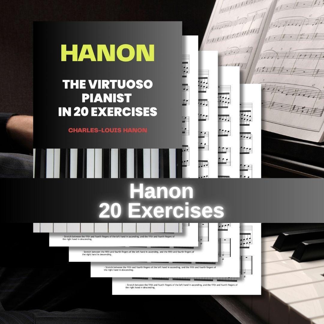 Hanon Exercises 1–20 by Charles-Louis Hanon downloadable digital piano technique album, PDF, PNG, and JPG files included for printable and tablet-ready practice sheets, clear notation with fingerings, designed to build agility, strength, and independence for pianists of all levels.

Hanon Exercises 1–20 digital piano sheet music bundle, high-resolution PDF for printing, PNG and JPG for screens or lessons, foundational warm-ups for students, teachers, and self-learners, ideal for daily technical