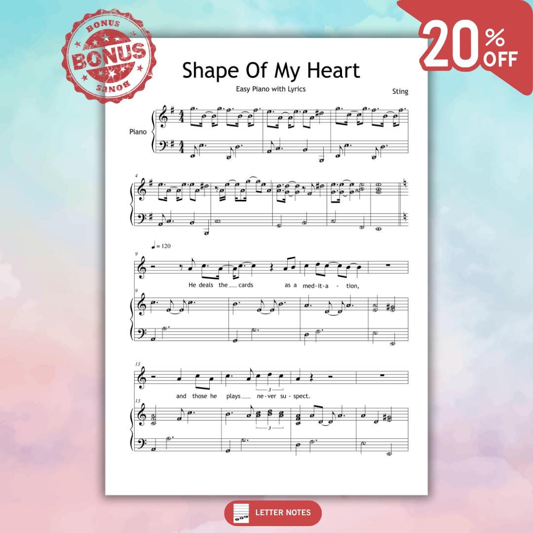 Shape of My Heart by Sting downloadable and simplified piano sheet music PDF shown as a pedagogical Grade 4 version including finger numbers, note names, and color-coded notes, all edited from manuscript references to support structured contemporary-style lessons.