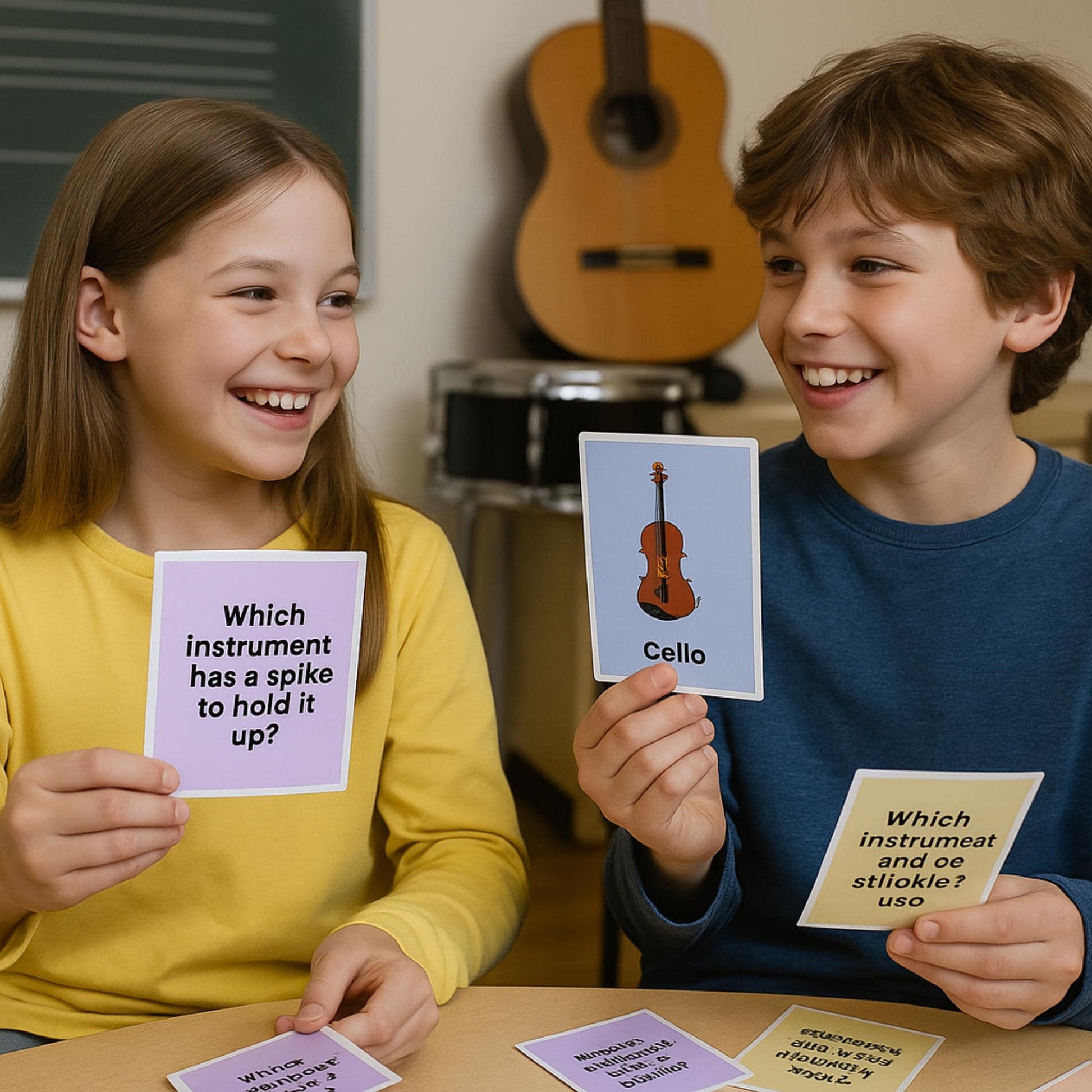 Music education flashcard game covering 32 popular instruments, ready-to-print A4 PDF plus PNG for digital teaching, perfect for recognition drills, orchestra family charts, and interactive whiteboards, a time-saving teacher resource.