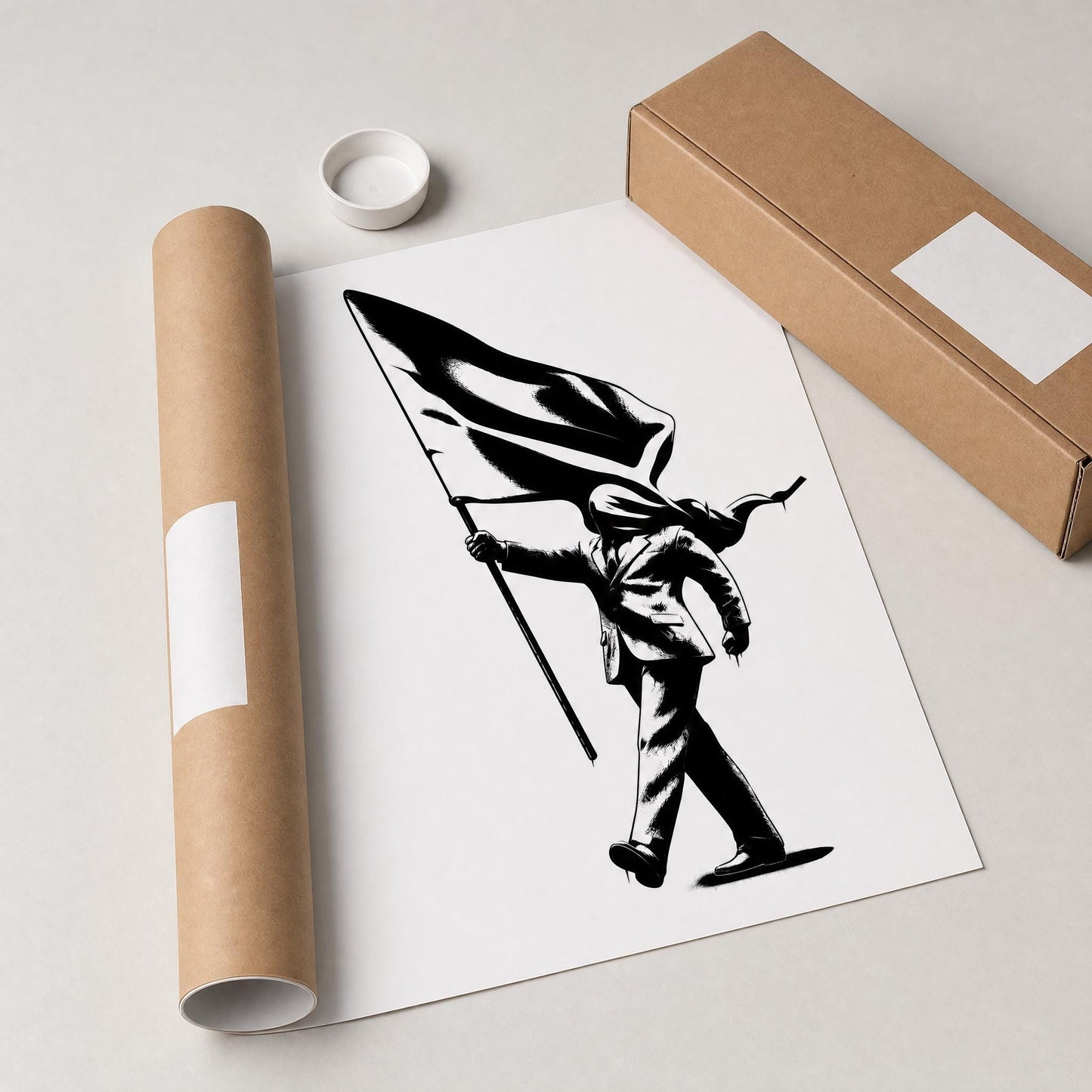 Banksy style Blind Patriotism conceptual poster printable featuring walking figure with flag in minimalist black white style, high-resolution digital artwork