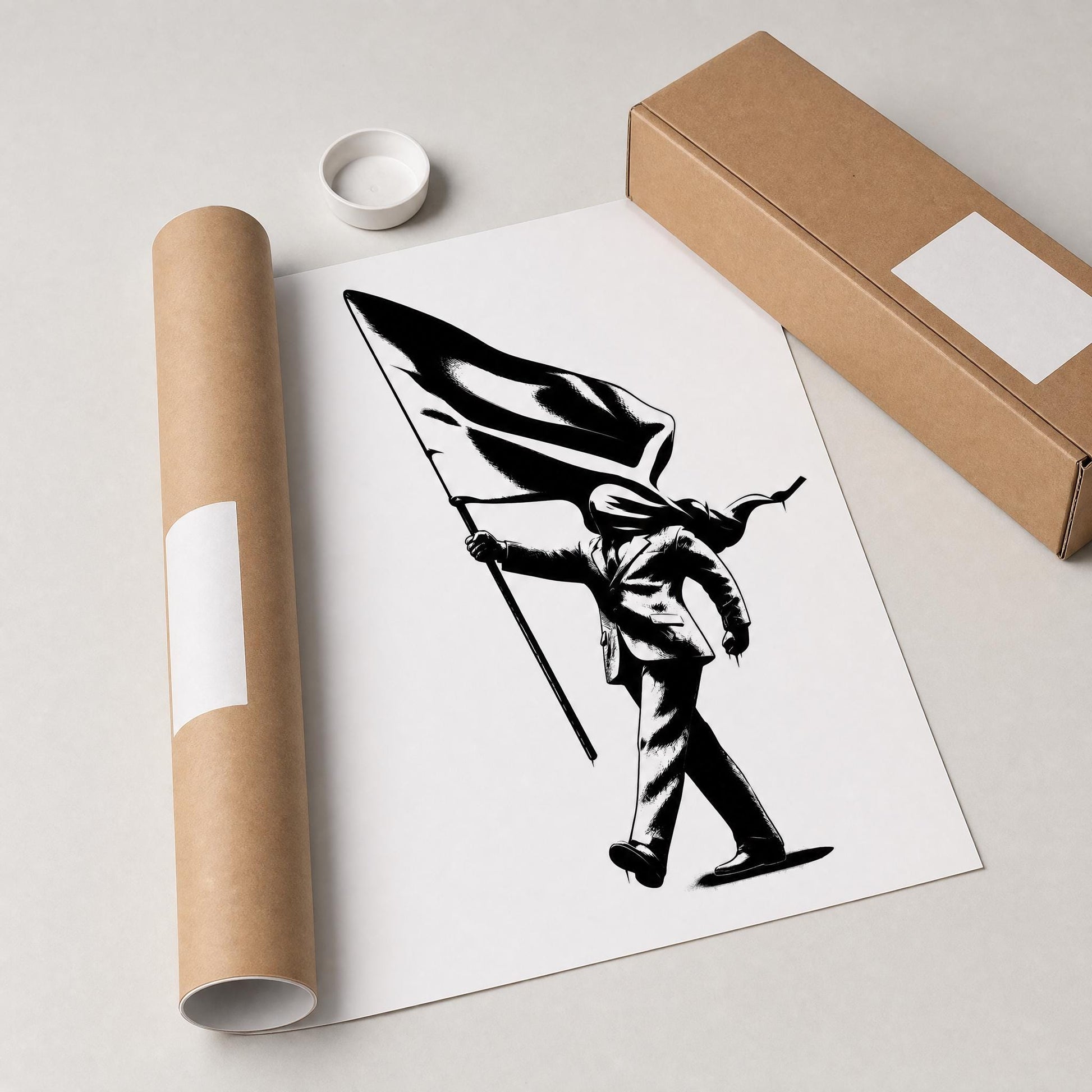 Banksy style Blind Patriotism conceptual poster printable featuring walking figure with flag in minimalist black white style, high-resolution digital artwork