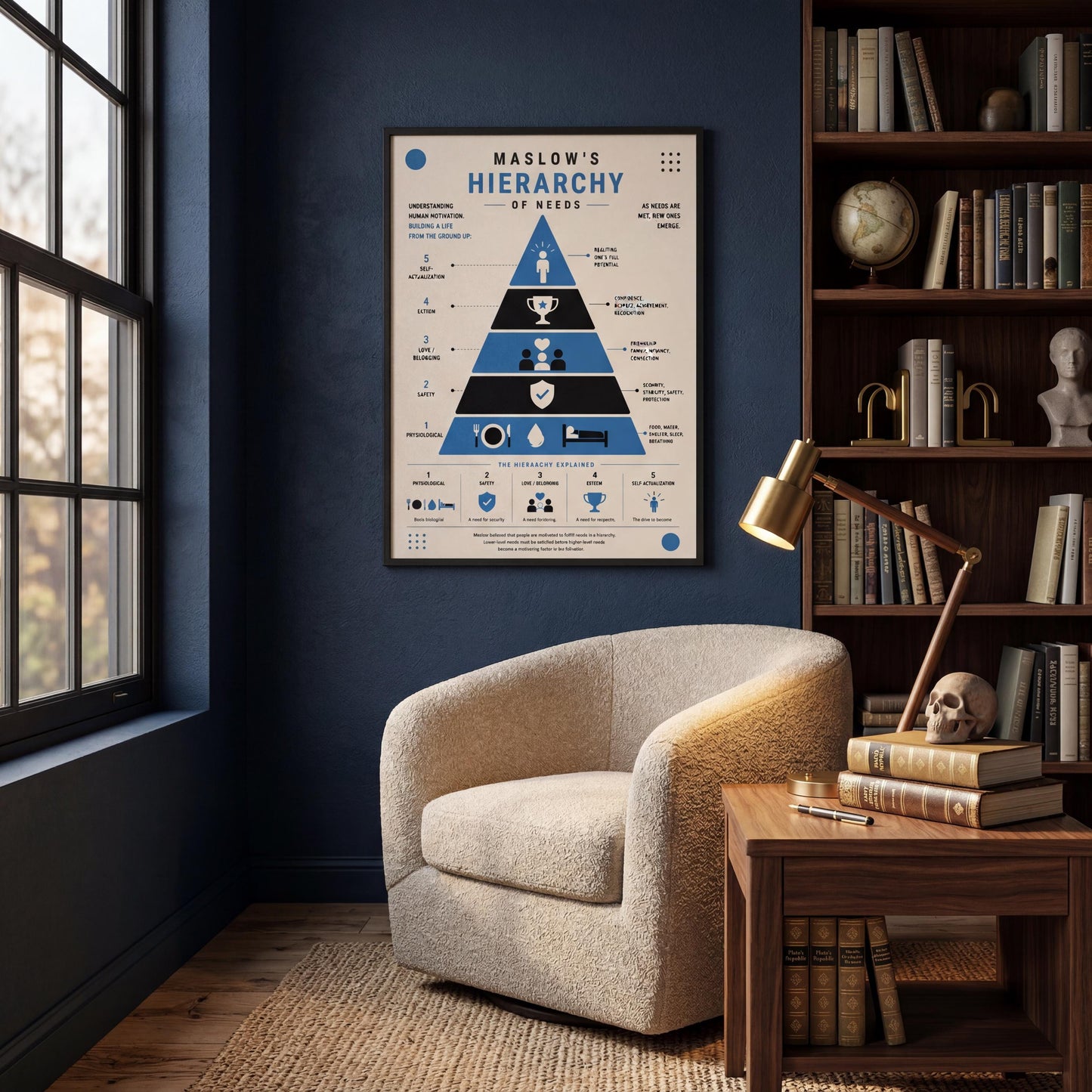 a poster of Maslow's Hierarchy of Needs hanging on a blue wall in a room with a bookshelf and a chair.