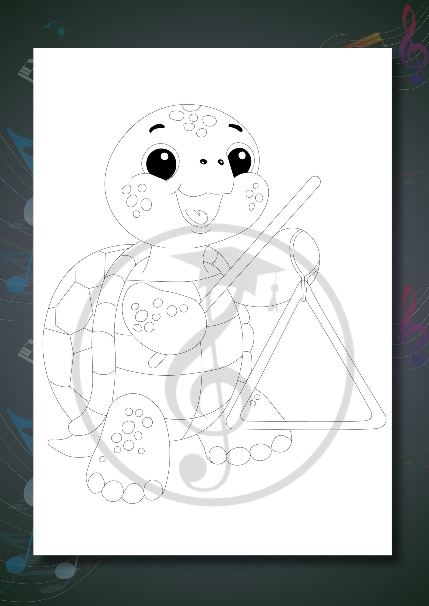 Animals Playing Instruments Coloring Book page showing an animal playing the xylophone, illustrated with simple shapes to help develop hand control and instrument recognition.
