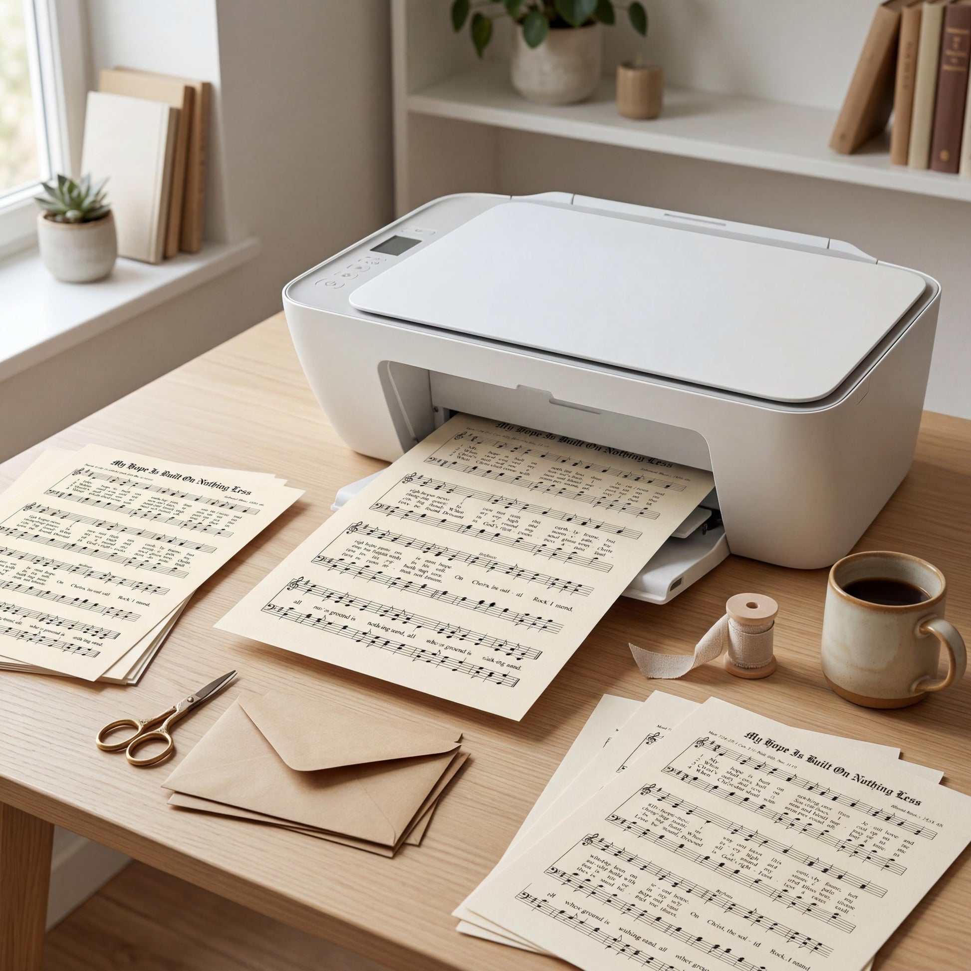 A printer is printing sheet music on a wooden desk, with a cup of coffee and a pair of scissors nearby.