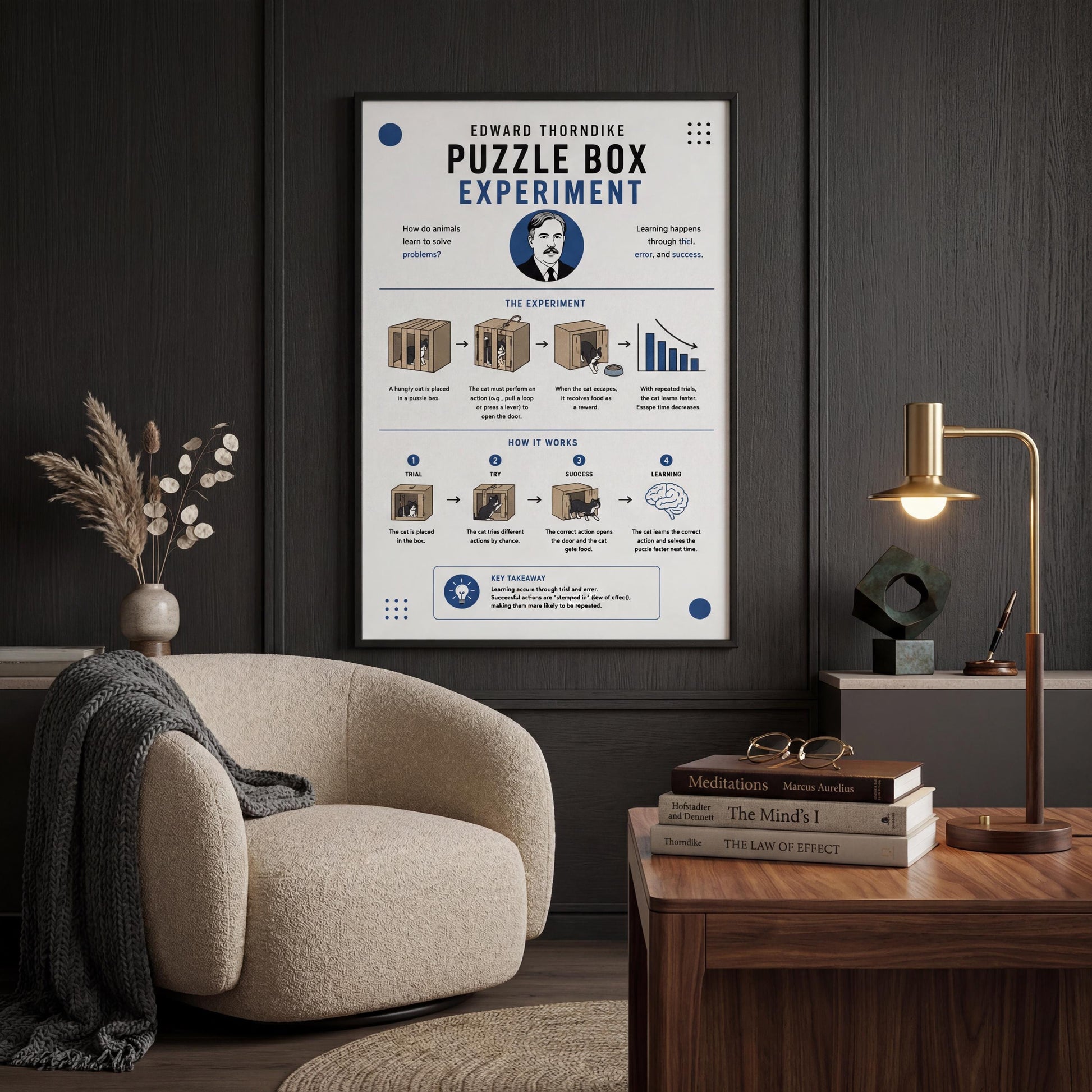 a poster of a puzzle box experiment hanging on a wall in a living room.