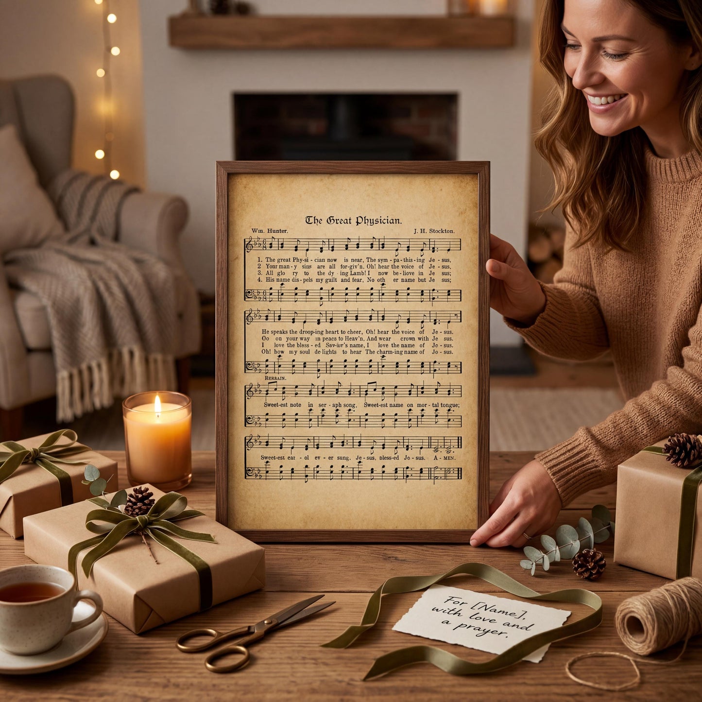 A woman is holding a framed sheet music titled "The Great Physician" in a cozy living room setting with a lit candle, wrapped gifts, and a note.