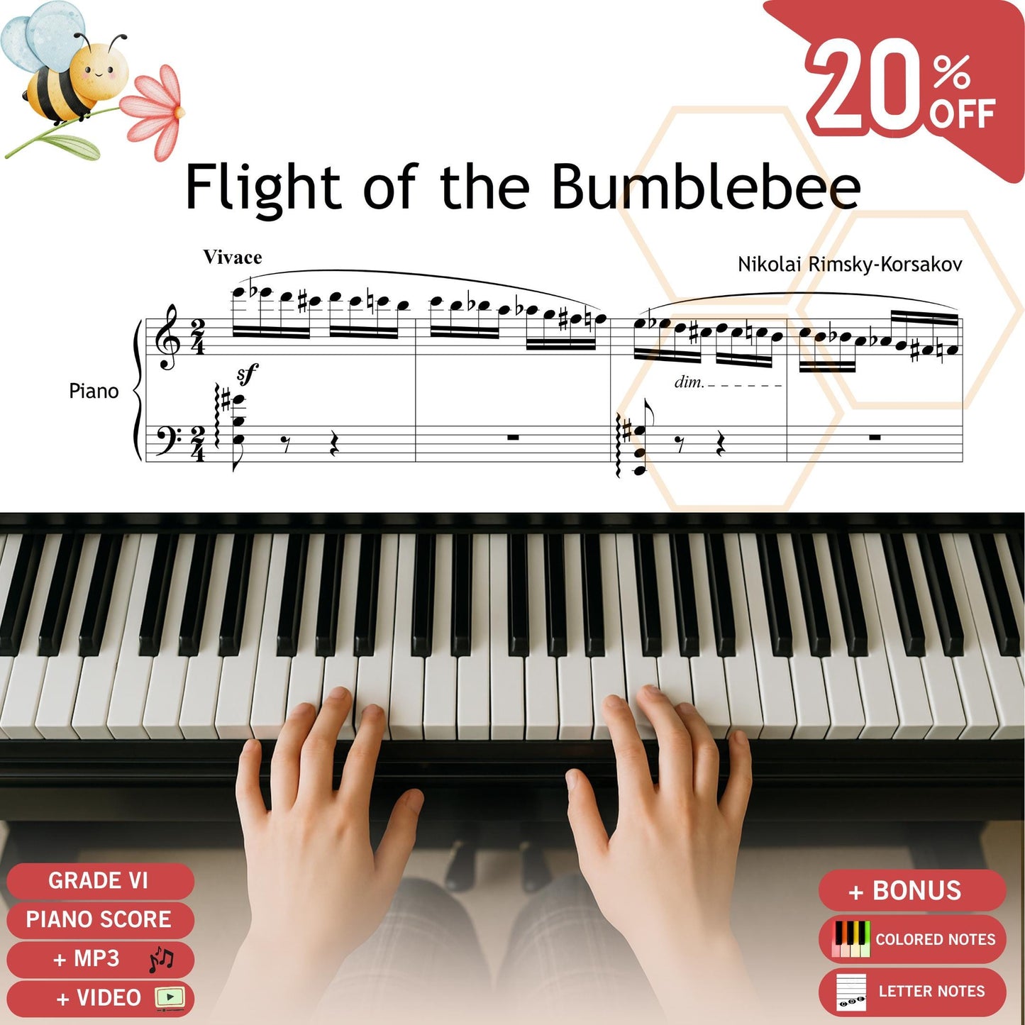 Flight of the Bumblebee original piano sheet music PDF, Grade 6 level, includes MP3 reference and video tutorial