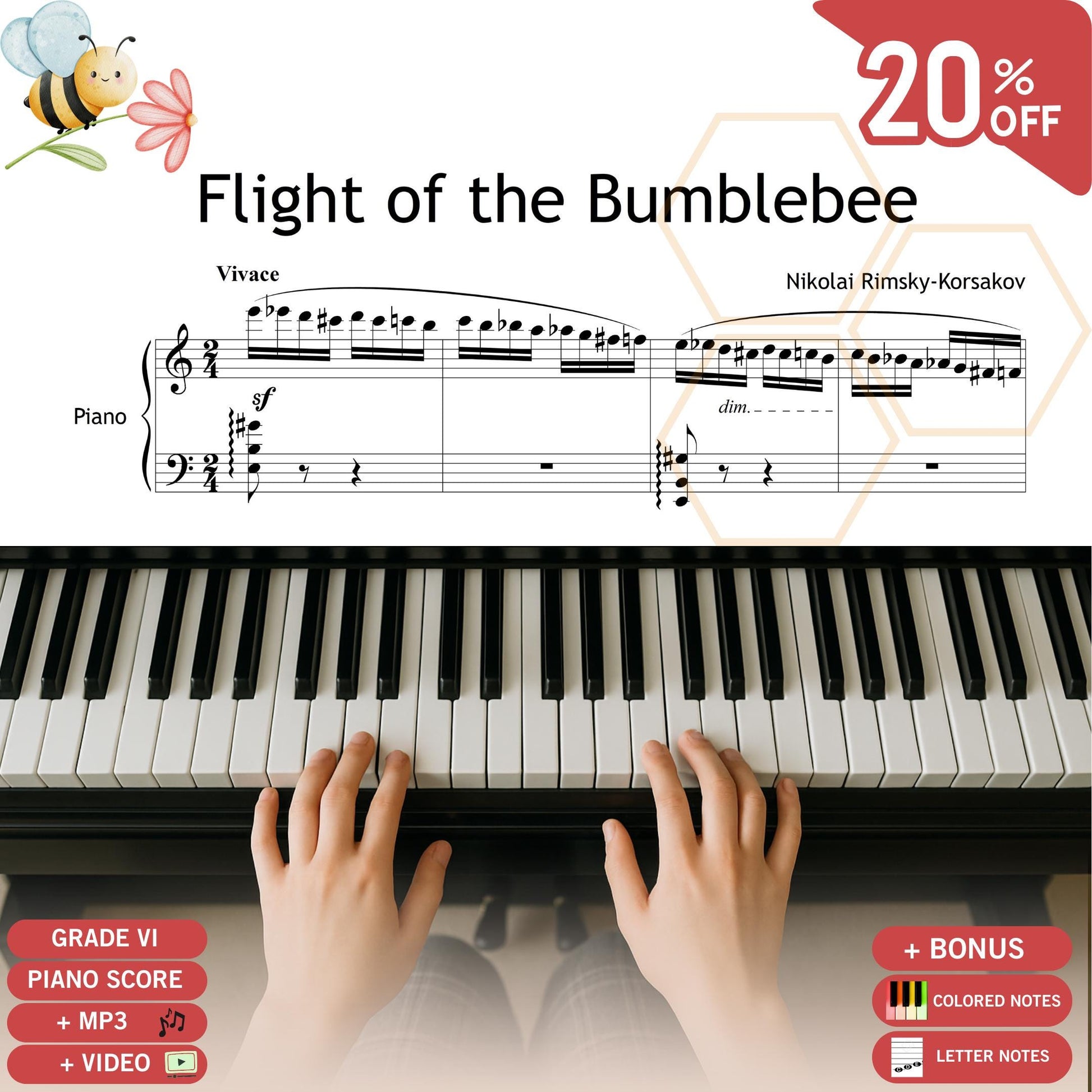 Flight of the Bumblebee original piano sheet music PDF, Grade 6 level, includes MP3 reference and video tutorial