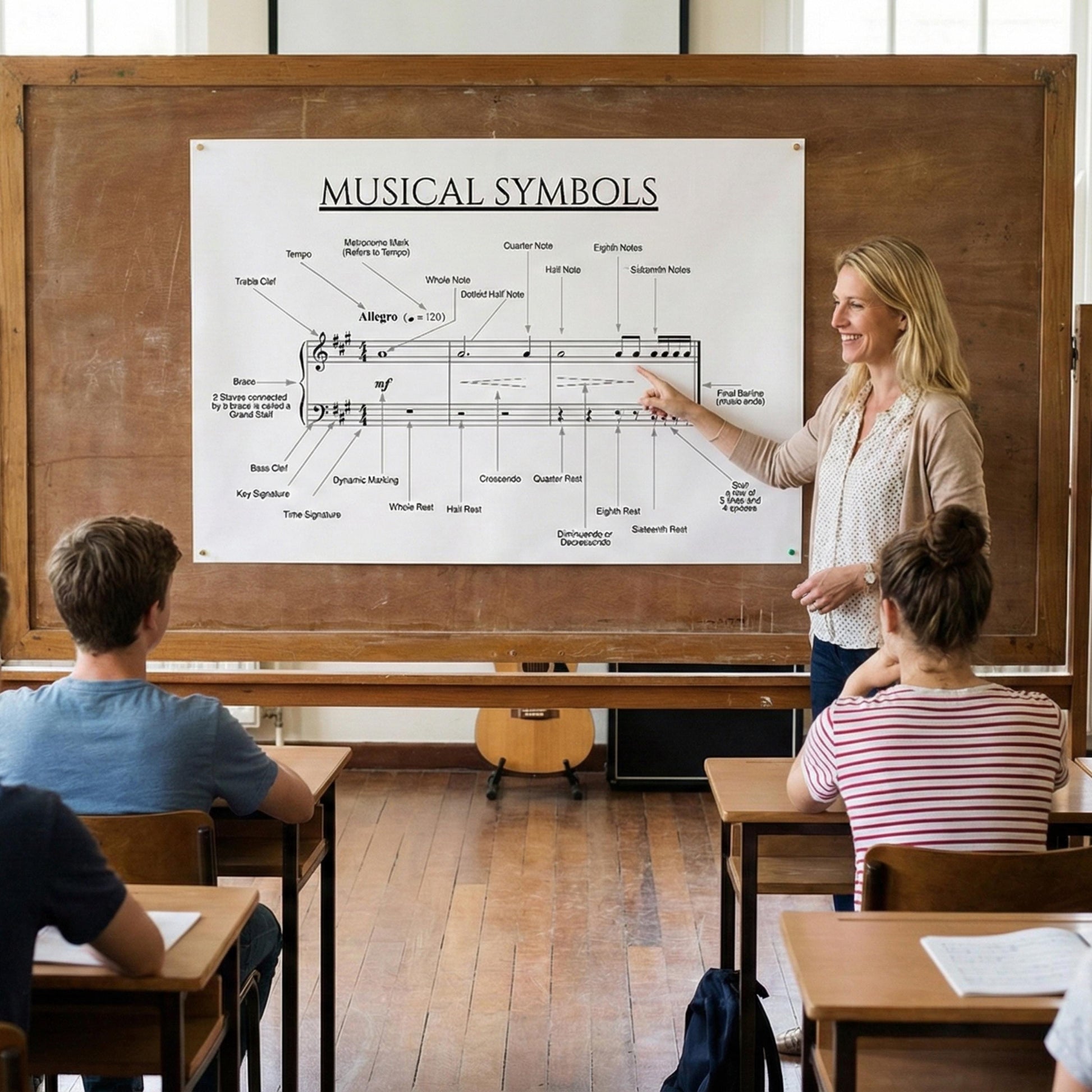 Musical Symbols Chart beginner music theory reference displayed as a comprehensive notation chart designed to improve long-term retention, showing how symbols function within a real staff rather than as isolated icons, ideal for piano students and instrumental beginners.