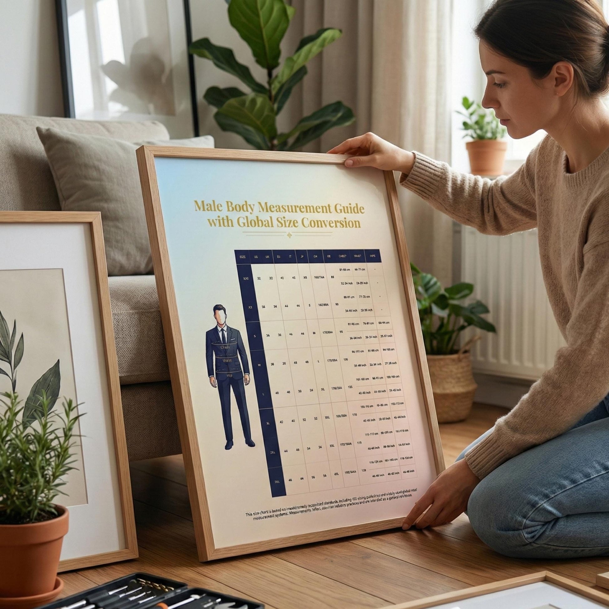 Male Body Measurement Chart – Global Clothing Size Conversion Guide displayed as an educational size reference with metric and imperial units clearly aligned to international men’s clothing sizes for quick comparison.
