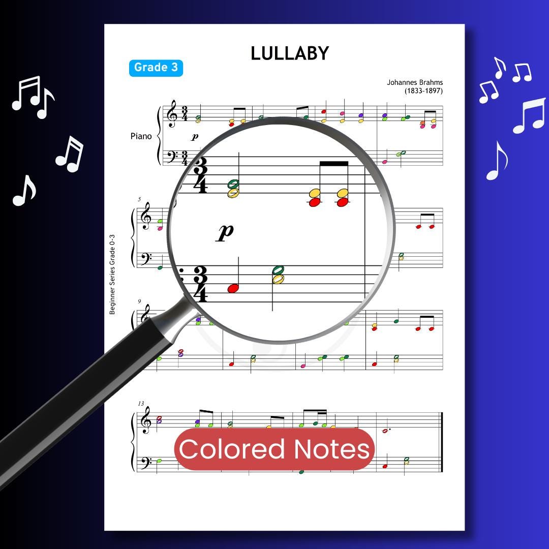 Brahms Lullaby Grade 3 Piano Sheet - Digital PDF with Finger Numbers, Note Names, MP3 & Color-Coded Learning Tools