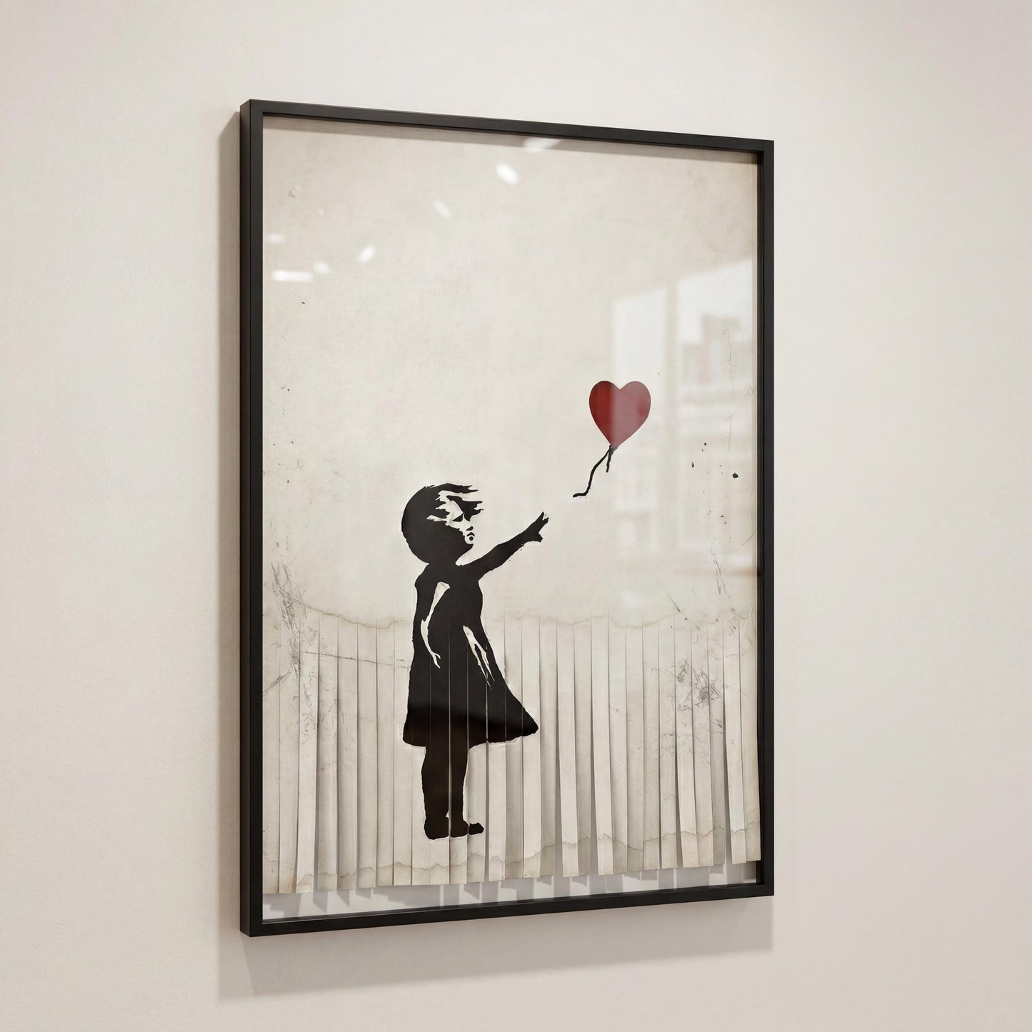 A framed artwork depicting a young girl holding a heart-shaped balloon.