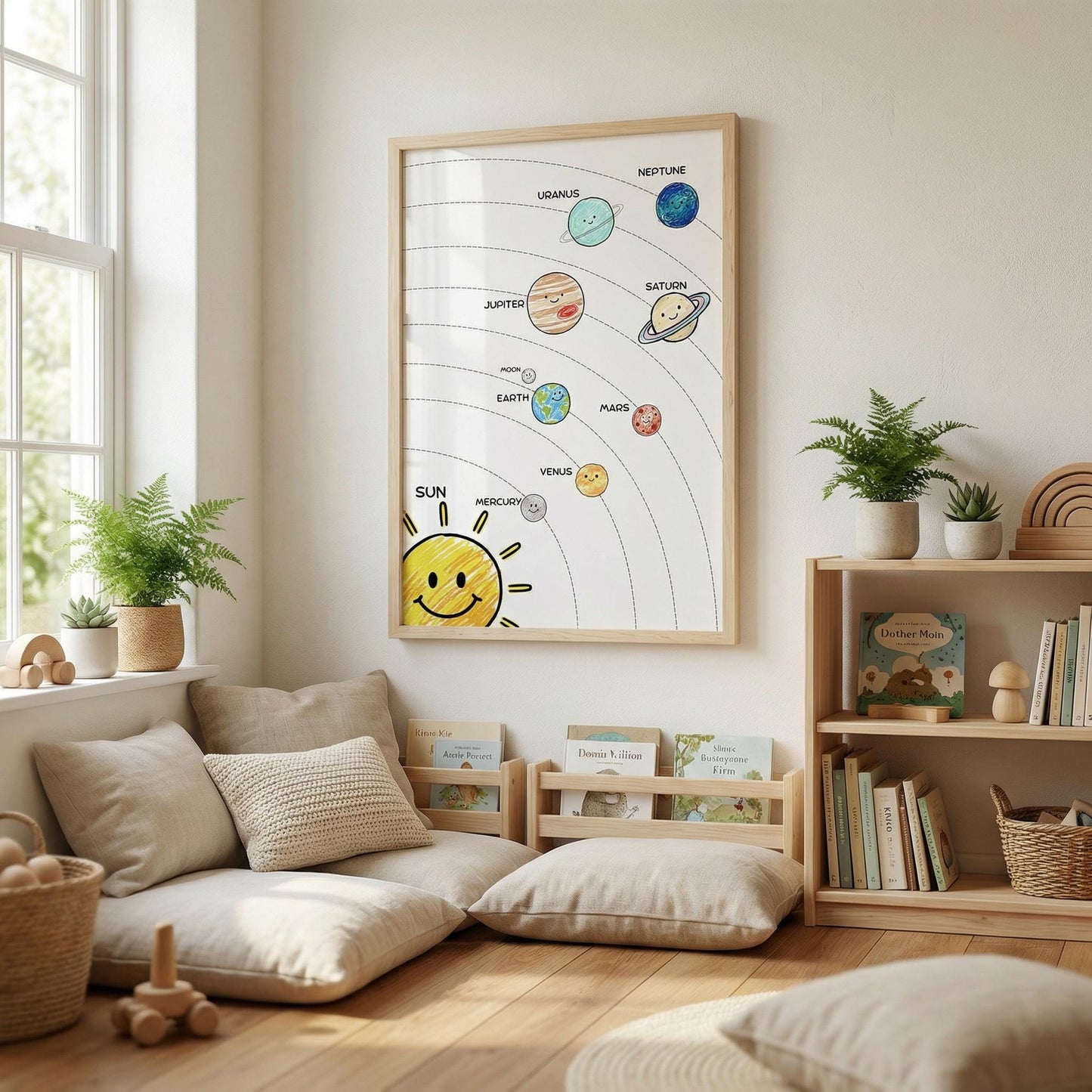 Solar System wall art printable for homeschool and classroom use, including a cute planets design and a clean scientific chart for versatile learning displays.