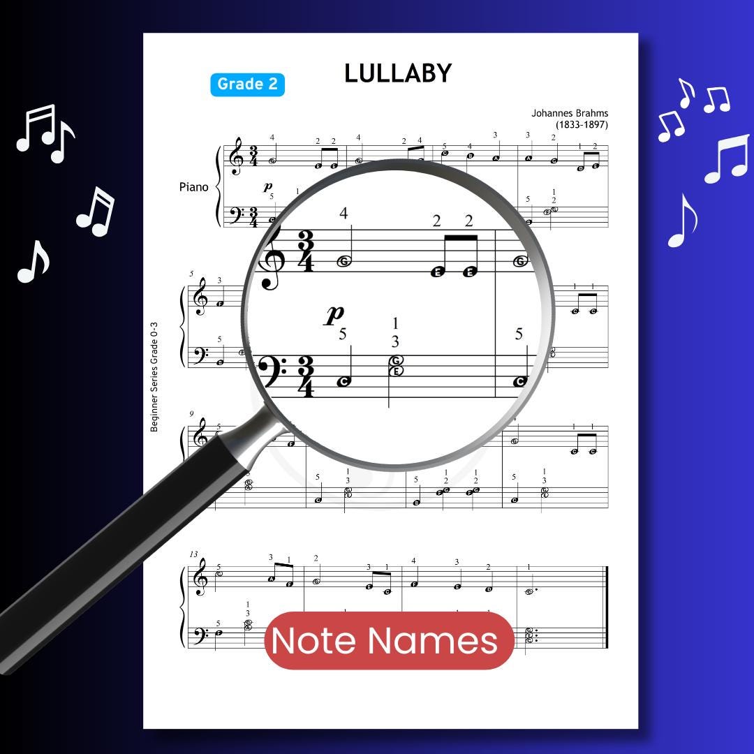 Brahms Lullaby Piano Sheet - Grade 2 Digital PDF with Finger Numbers, Color Notes, Note Names, MP3 and Video