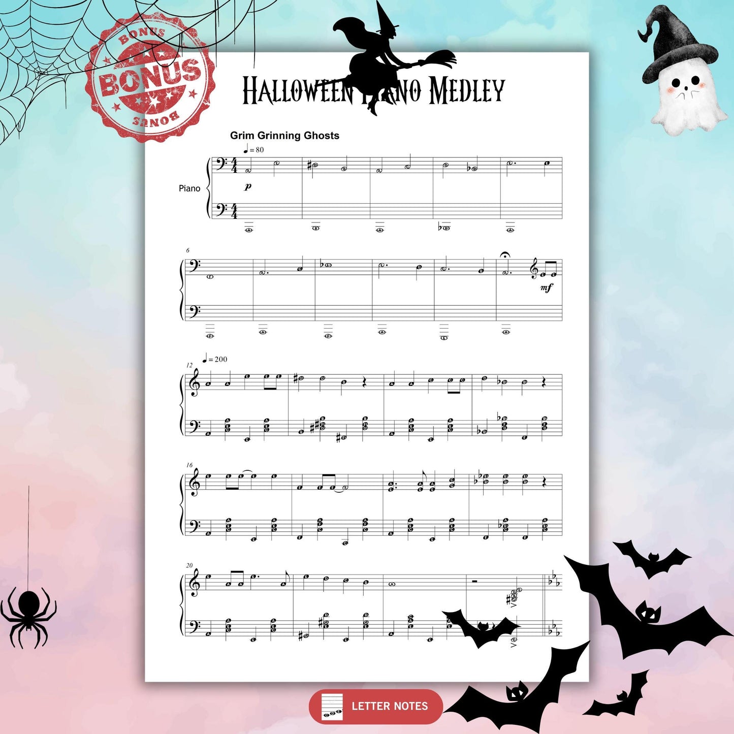 11 Spooky Themes Halloween Piano Medley, Grade 4–5 sheet music bundle with printable PDF, note names, color-coded notes, MP3 demo tracks, and MP4 tutorial videos, great for recitals and seasonal lessons.
