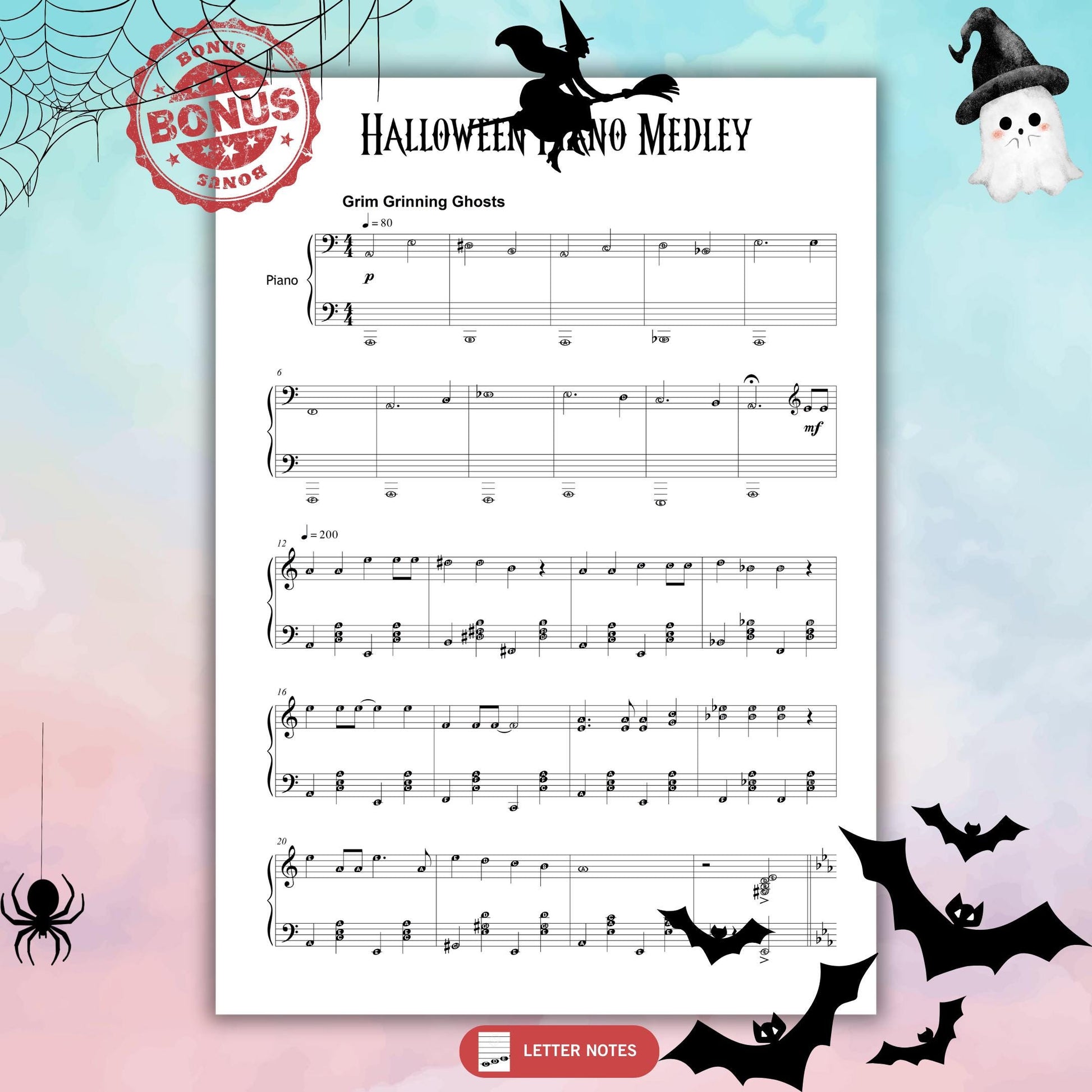 11 Spooky Themes Halloween Piano Medley, Grade 4–5 sheet music bundle with printable PDF, note names, color-coded notes, MP3 demo tracks, and MP4 tutorial videos, great for recitals and seasonal lessons.