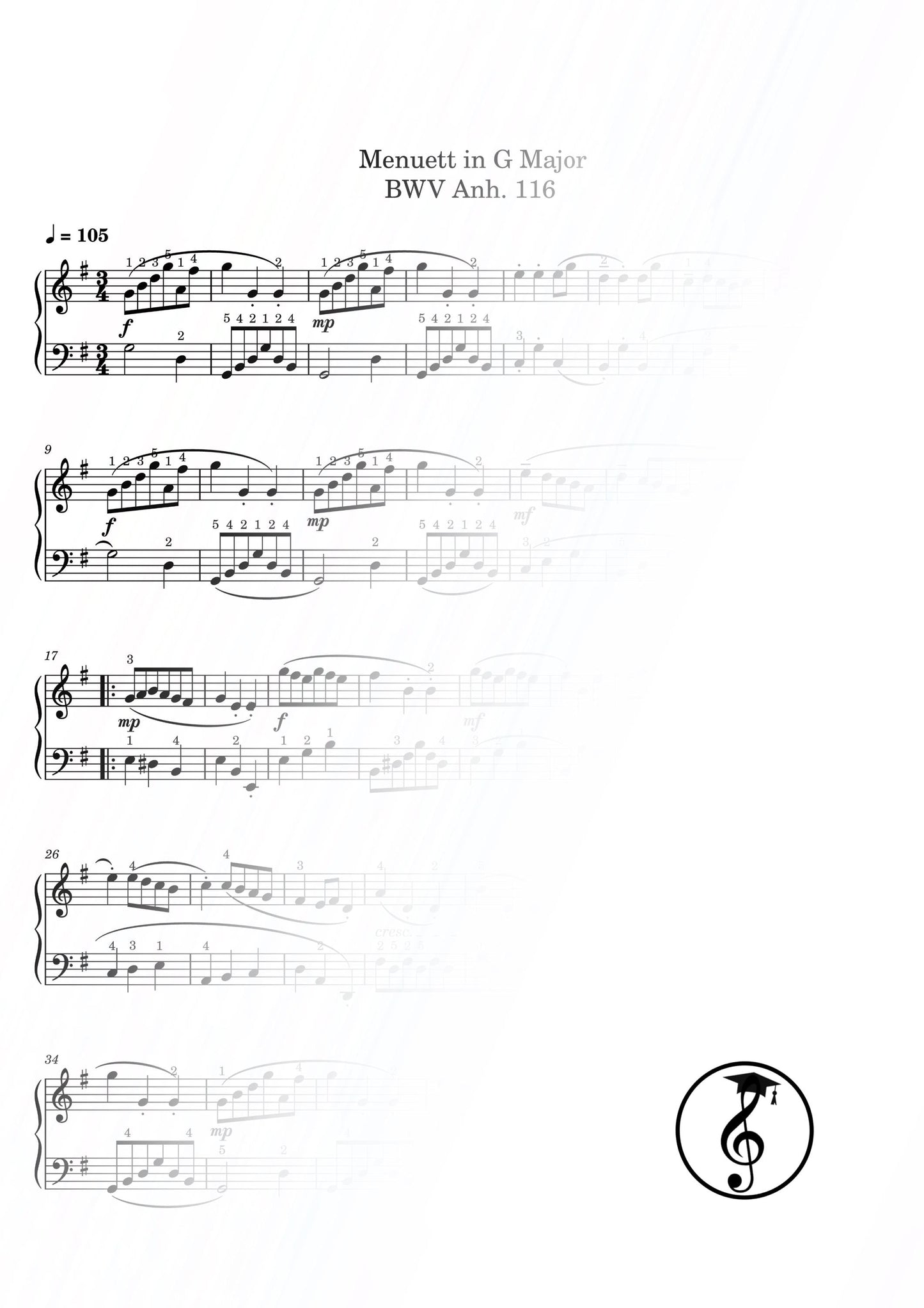 Johann Sebastian Bach 16 selected piano pieces from the Notebook for Anna Magdalena, Grade 3–4 edition, scholarly PDF scores with clean engraving, printable and tablet-ready, essential Baroque repertoire for students and teachers.