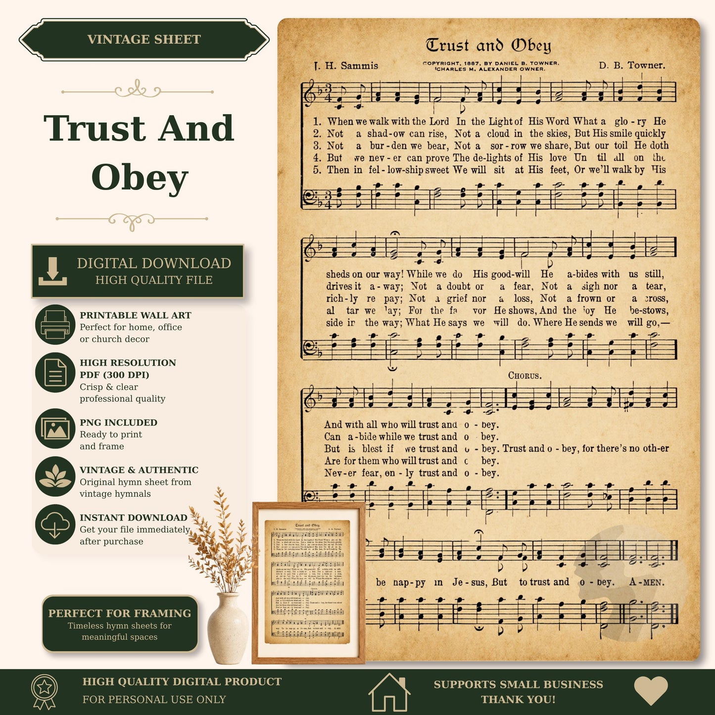 The image is a vintage sheet music titled "Trust and obedience" with sheet music and lyrics displayed. The sheet music is accompanied by a vintage-style photograph of a plant and a vase. The sheet music is a digital download high-quality file, perfect for framing, and is a perfect fit for personal use only. The sheet music is a perfect fit for framing and is a high-quality digital product that supports small businesses.