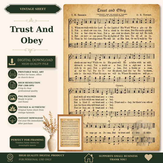 The image is a vintage sheet music titled "Trust and obedience" with sheet music and lyrics displayed. The sheet music is accompanied by a vintage-style photograph of a plant and a vase. The sheet music is a digital download high-quality file, perfect for framing, and is a perfect fit for personal use only. The sheet music is a perfect fit for framing and is a high-quality digital product that supports small businesses.