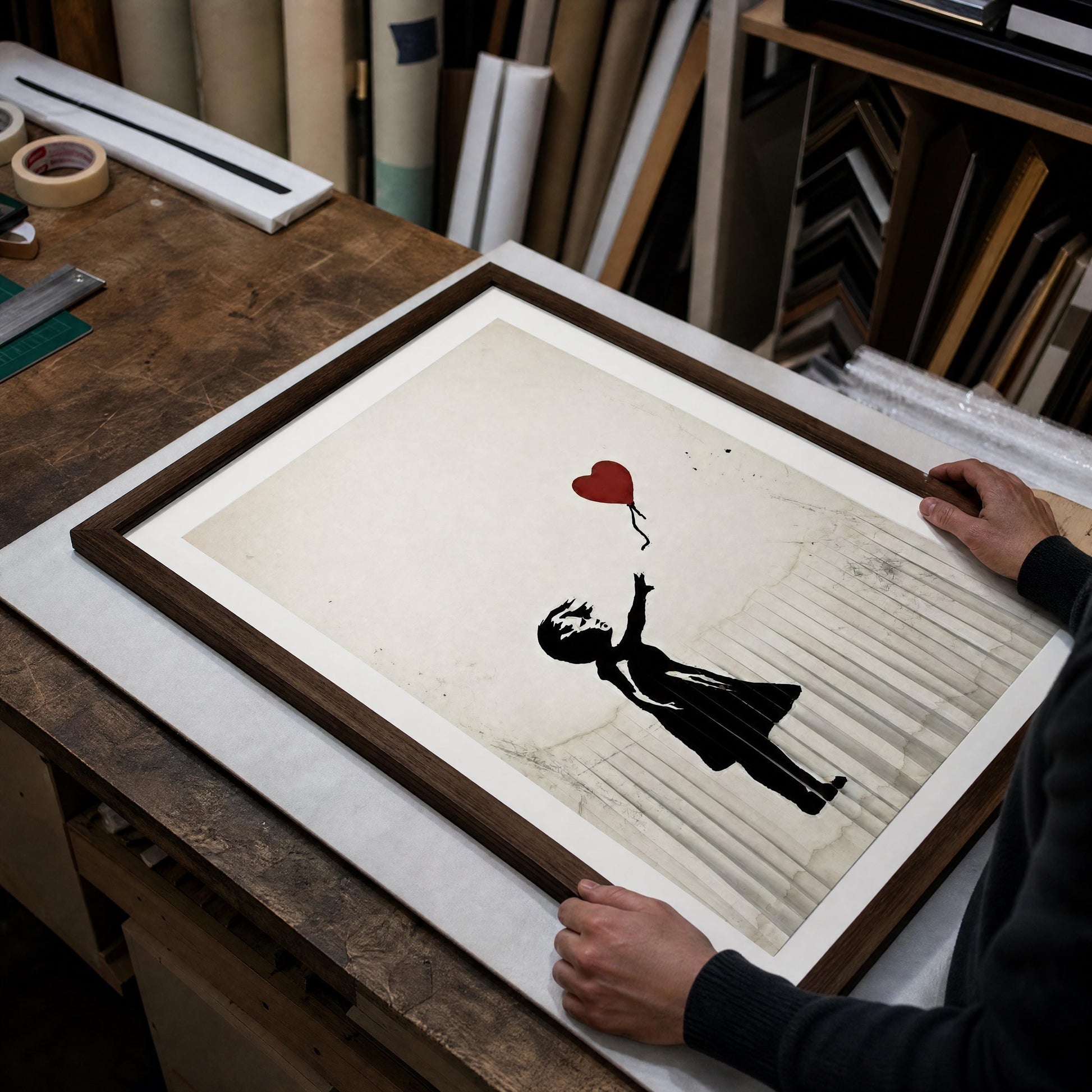 A person is holding a framed artwork depicting a silhouette of a person holding a red heart-shaped balloon.