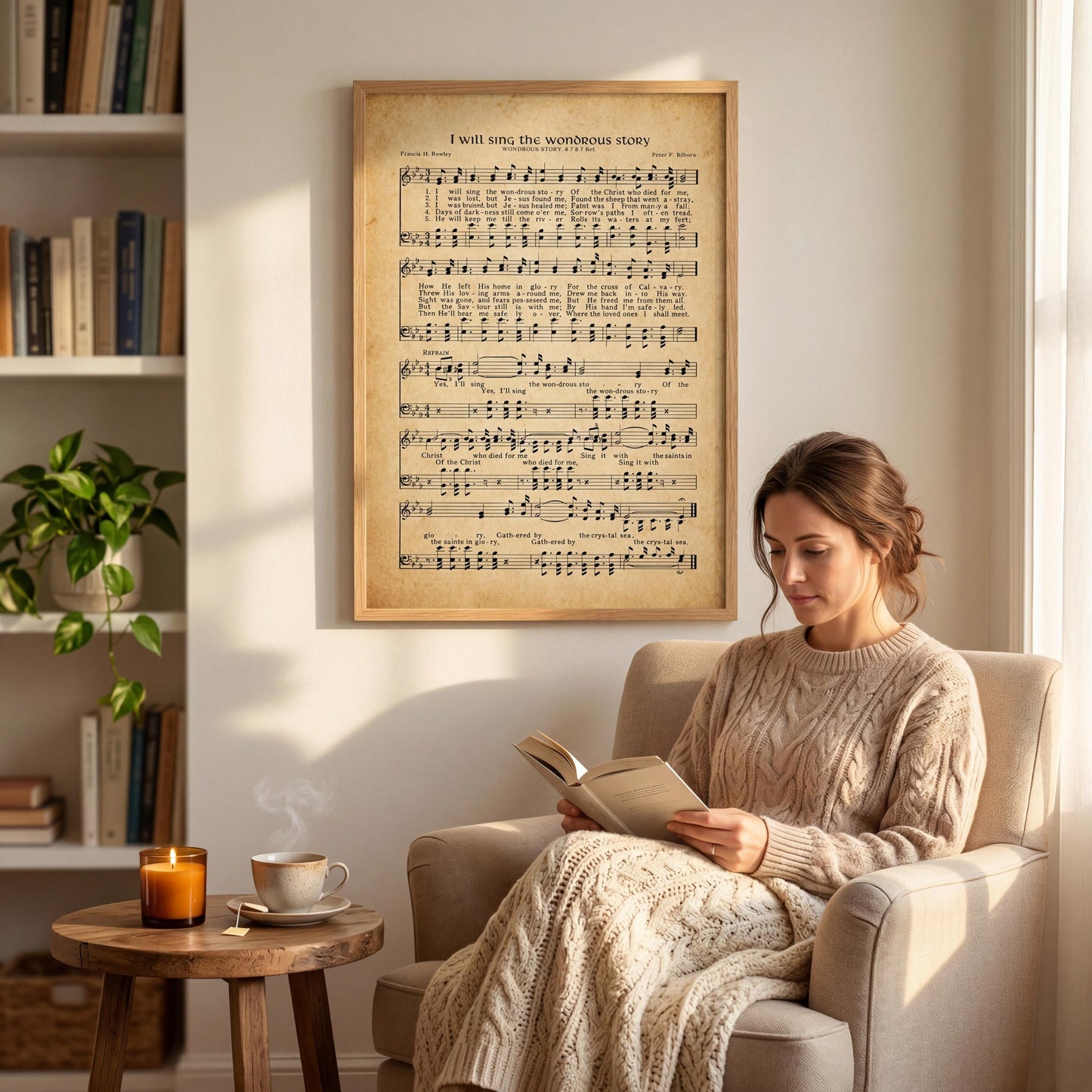 A woman is sitting in a chair, reading a book, with a framed sheet music poster of a song hanging on the wall behind her.