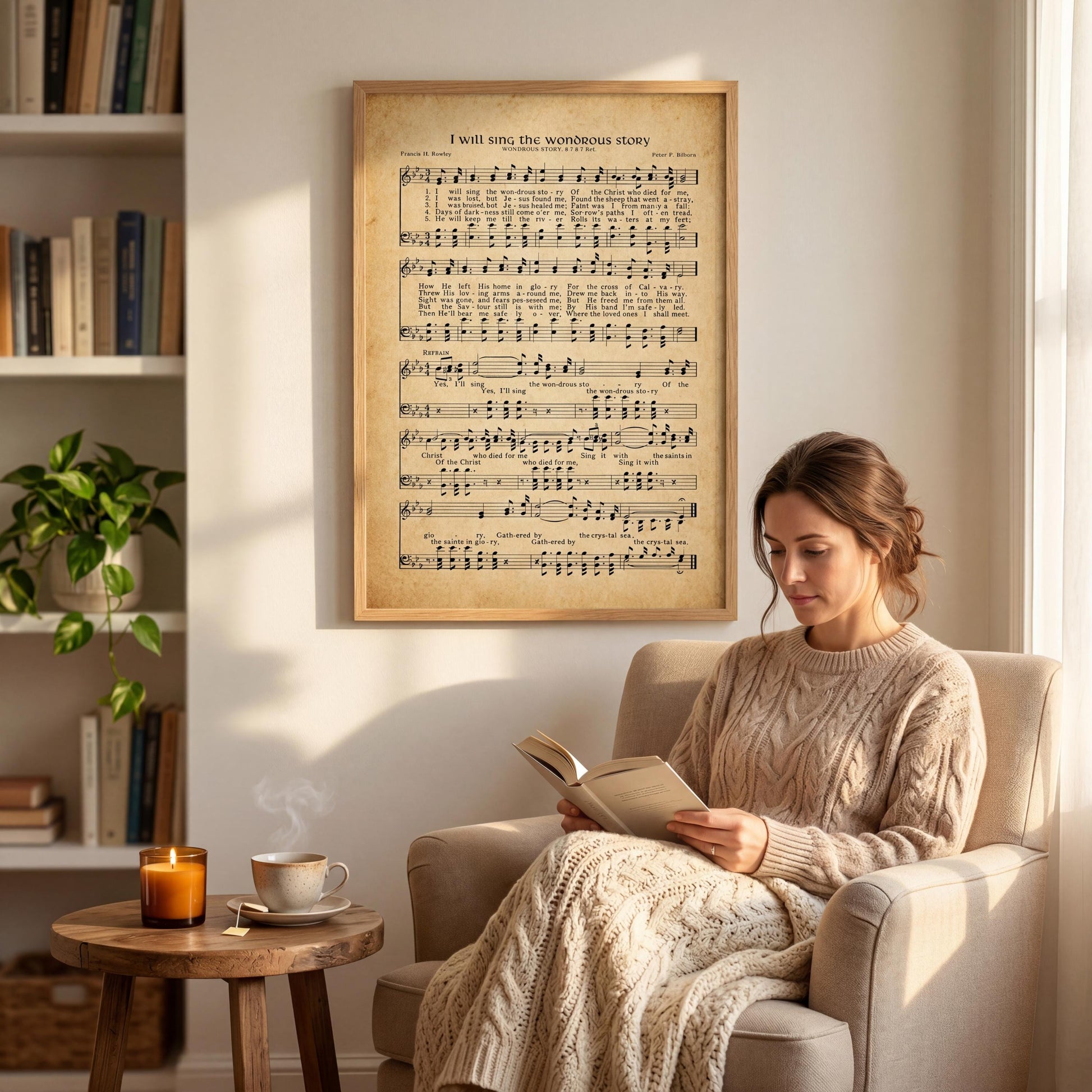 A woman is sitting in a chair, reading a book, with a framed sheet music poster of a song hanging on the wall behind her.