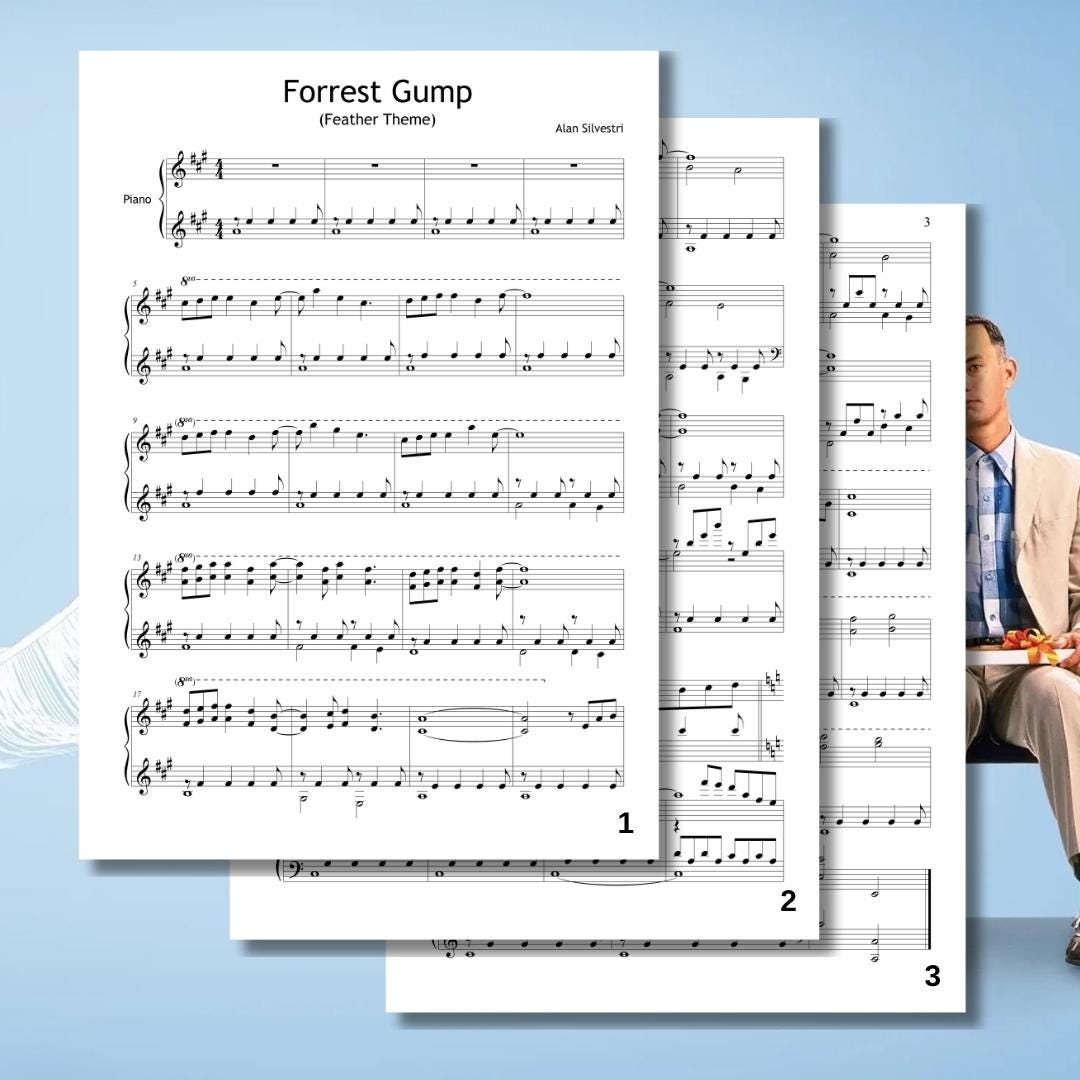 Forrest Gump Theme by Alan Silvestri downloadable and simplified piano sheet music PDF displayed as a multi-version Grade 4 film-music pack including standard notation, finger numbers, note names, and color notes, all prepared from the manuscript for flexible practice.