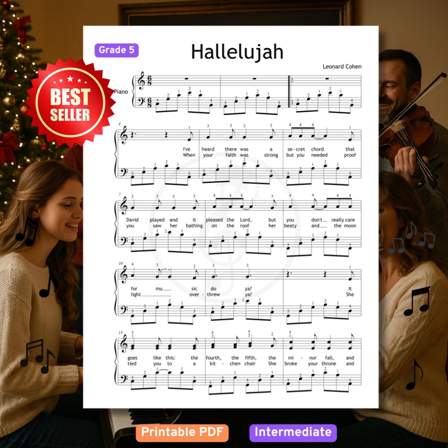 Hallelujah Piano Sheet - Leonard Cohen | Grade 5 Intermediate PDF with Fingering Guide and Ensemble Parts