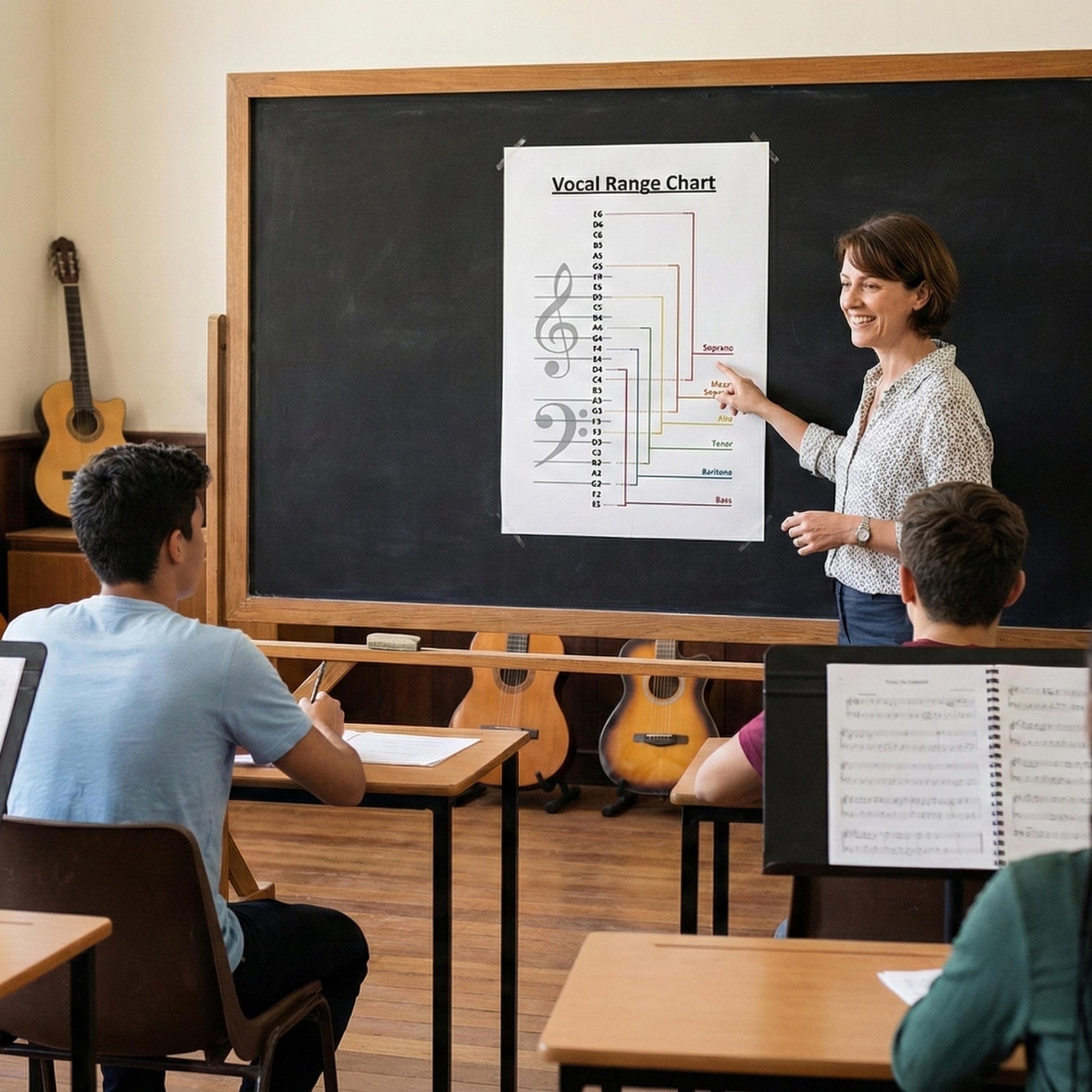 Vocal Range Chart for choir and voice training shown as a classroom-ready reference with voice types aligned to note names on the staff, supporting solfege classes, ensemble balance, and informed repertoire selection.