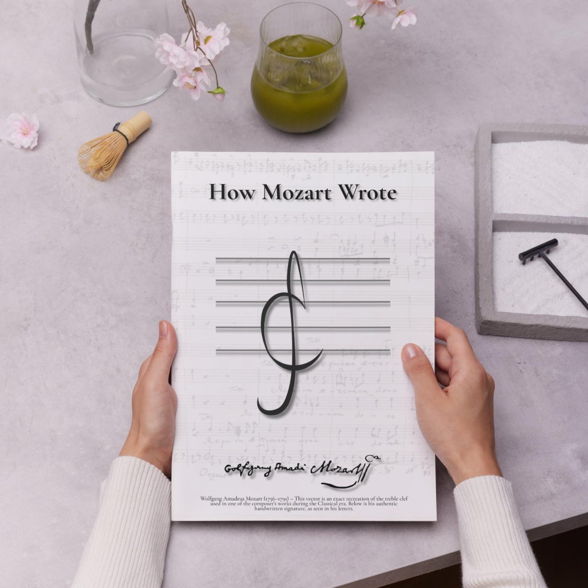 Vintage Music Manuscript Poster Set with artistic treble clef handwriting and real composer signatures. Features Vivaldi, Bach, Haydn, Mozart, Beethoven, Schubert, Brahms, Debussy, Stravinsky, and Shostakovich. Printable art collection for classical music fans.