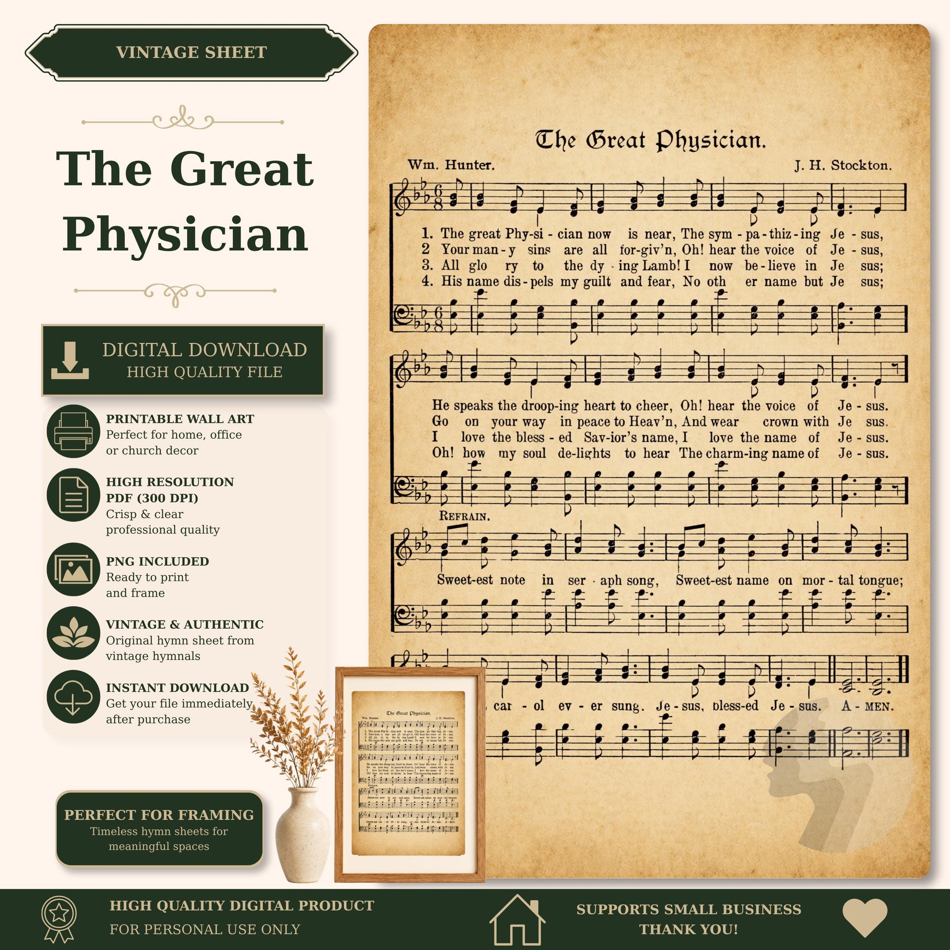 The image is a vintage sheet titled "The Great Physician" with accompanying sheet music. The sheet music is accompanied by a vintage photograph of a plant and a vase. The sheet music is available for digital download, and it is perfect for framing. The sheet music is a high-quality digital product that supports small businesses.