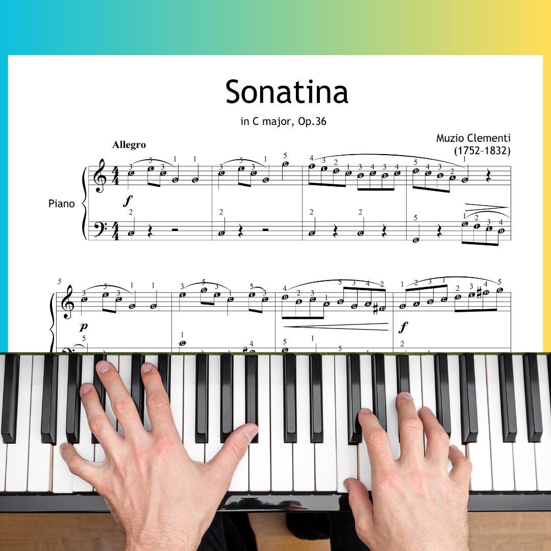 Clementi’s Sonatina No.1 with finger numbers marked on all notes. This simplified version for intermediate learners supports hand position awareness and efficient technique development in Classical piano studies.