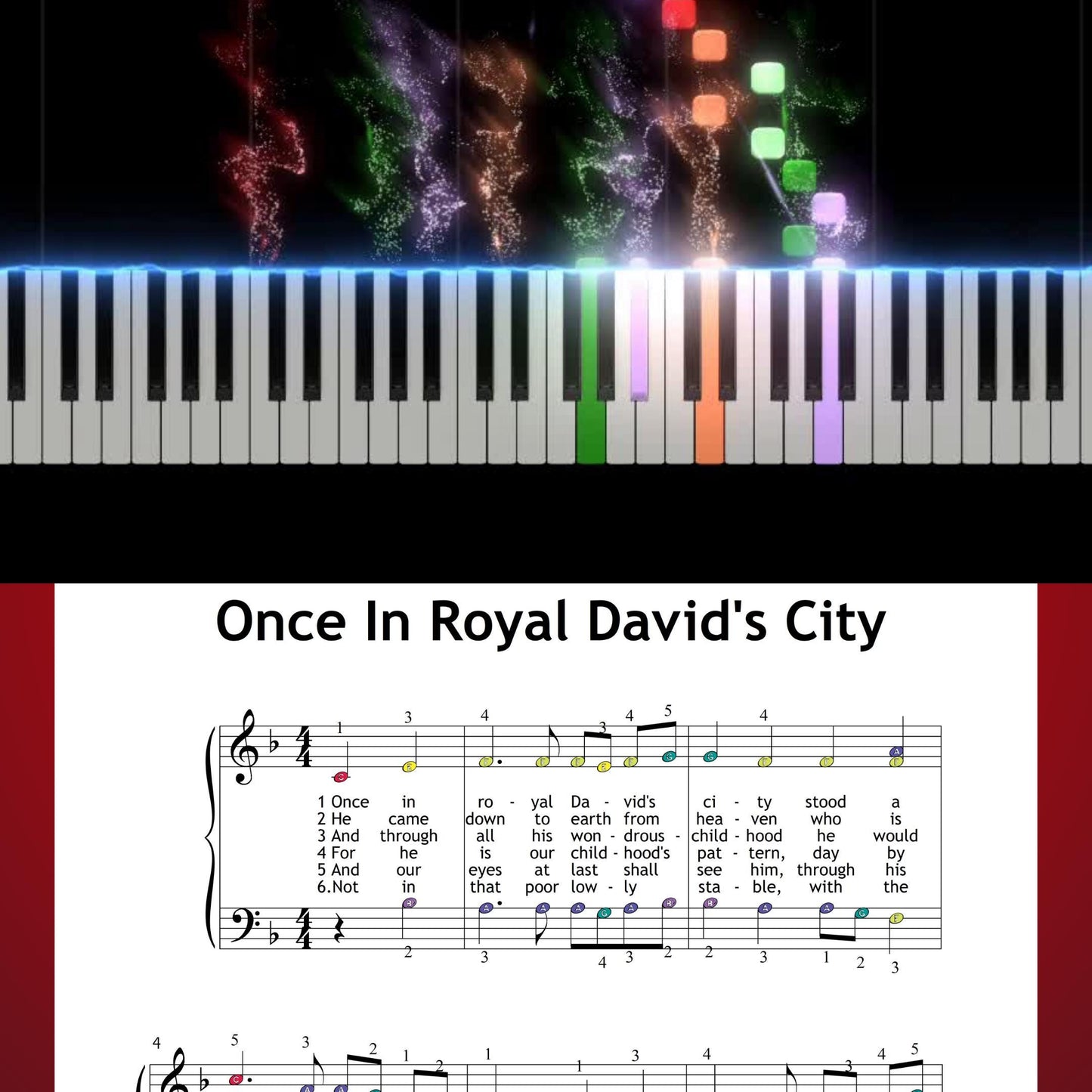 Once in Royal David’s City by Henry J. Gauntlett downloadable and simplified Christmas beginner piano sheet music PDF arranged for Grade 1 learners using steady rhythms, color-note mapping, note names, and MP3/MP4 support for festive music-making.