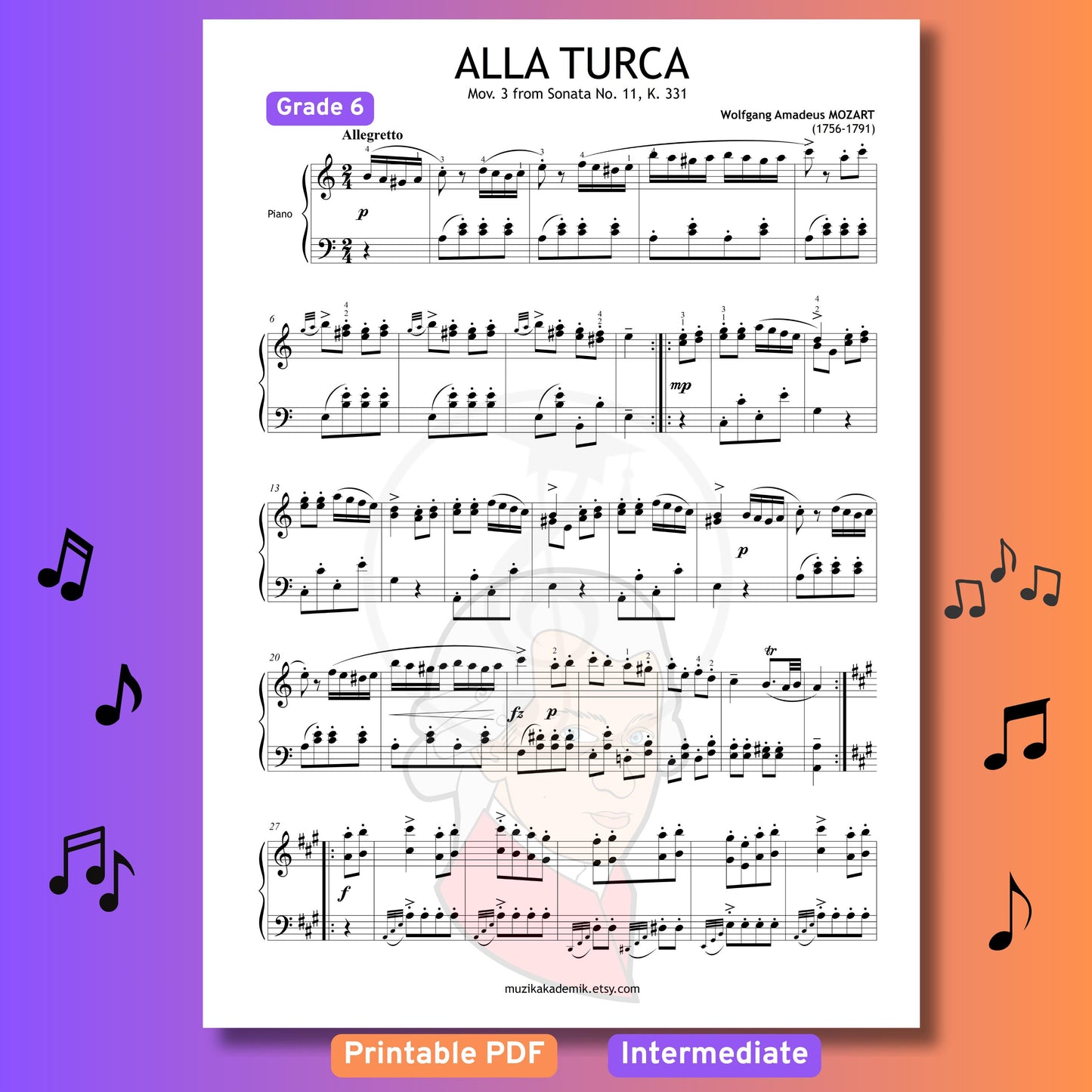 Alla Turca (Turkish March) by Mozart - Grade 6 - Advanced Piano Sheet Music with Fingerings