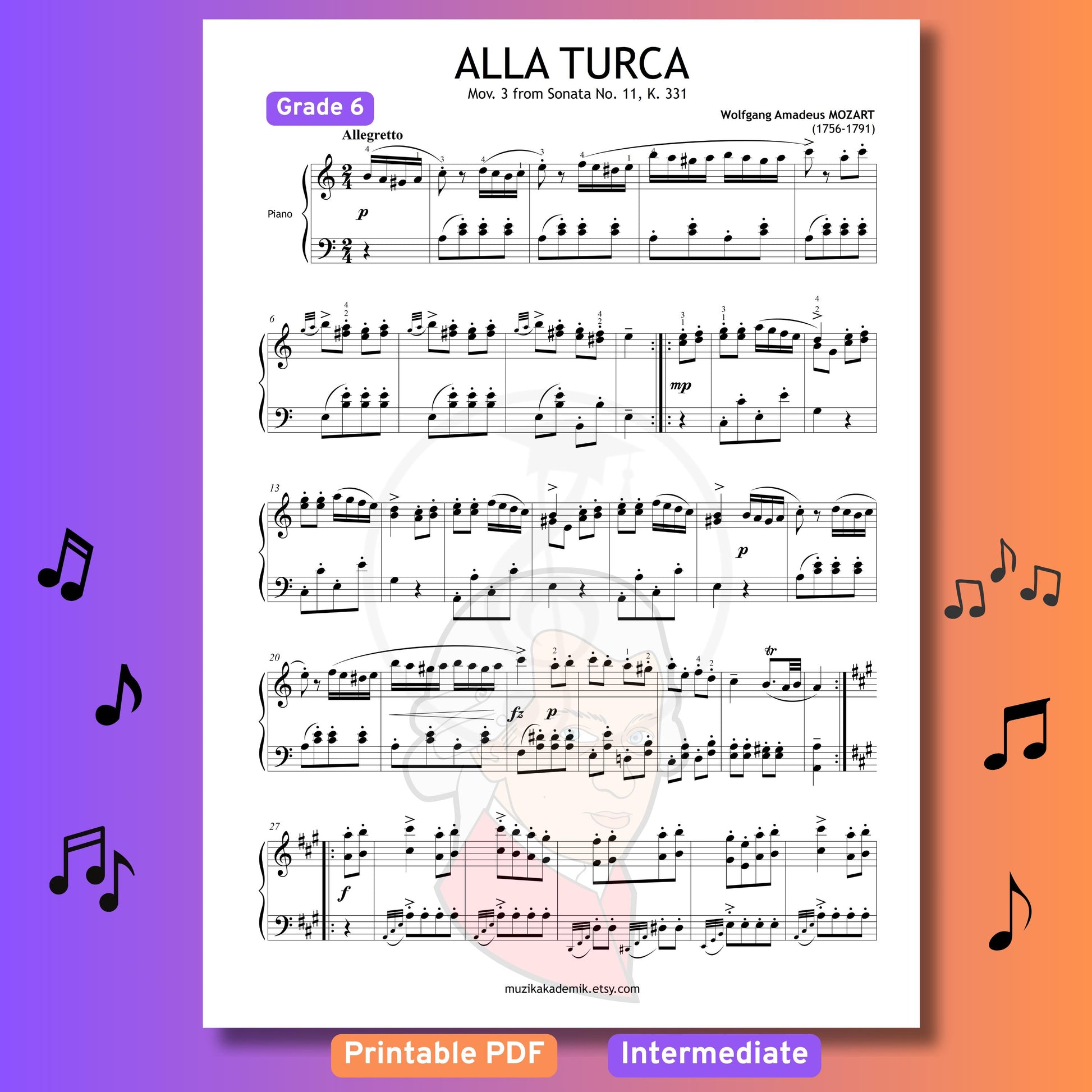 Alla Turca (Turkish March) by Mozart - Grade 6 - Advanced Piano Sheet Music with Fingerings