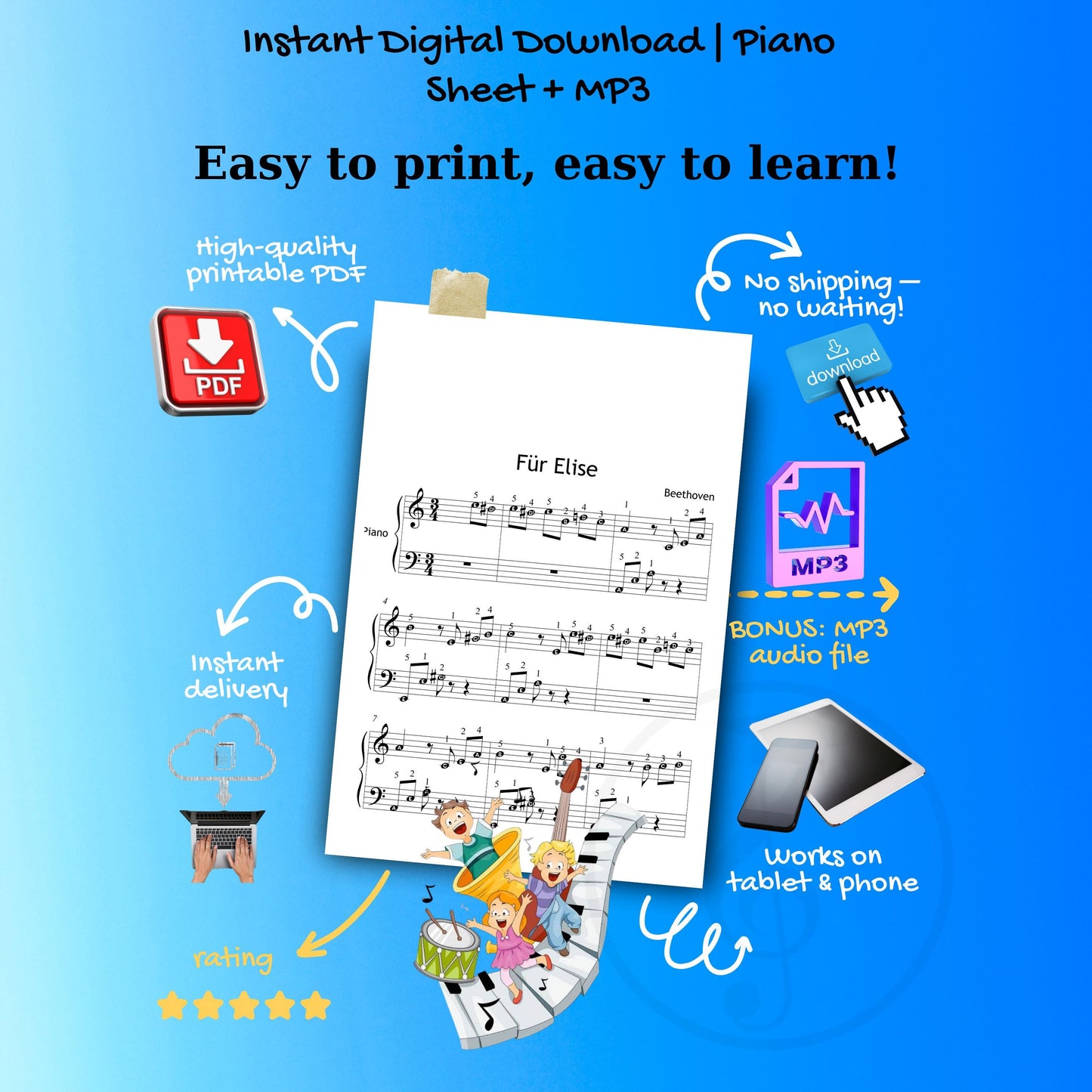 Fur Elise by Beethoven | Grade 2 Easy Piano Sheet Music PDF Download with Video