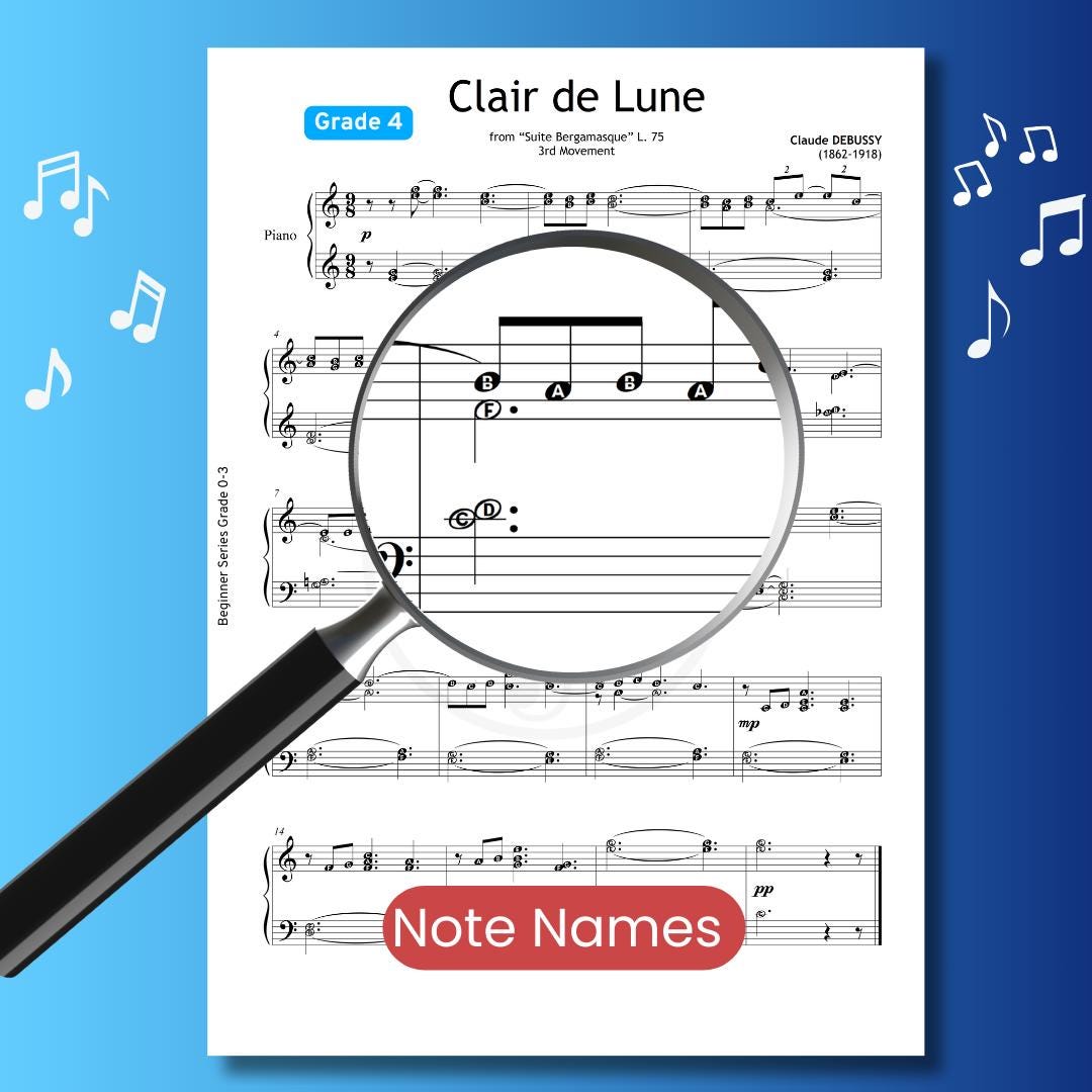 Clair de Lune by Claude Debussy easy Grade 4 arrangement, downloadable piano sheet music PDF with supportive note names and color-coded versions, accessible for early-intermediate pianists, printable at home or usable on tablets for lessons and practice.