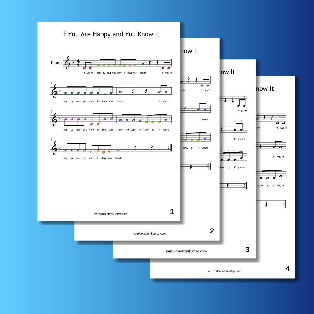 If You Are Happy and You Know It - Easy Piano Sheet Music | Grade 0 | Kids Song PDF MP3 Video
If You Are Happy and You Know It traditional downloadable and simplified piano sheet music PDF displayed as a teacher-friendly Grade 0 resource including finger numbers, color-coded notes, and note-name pages, crafted with manuscript accuracy for classroom or private beginner instruction.